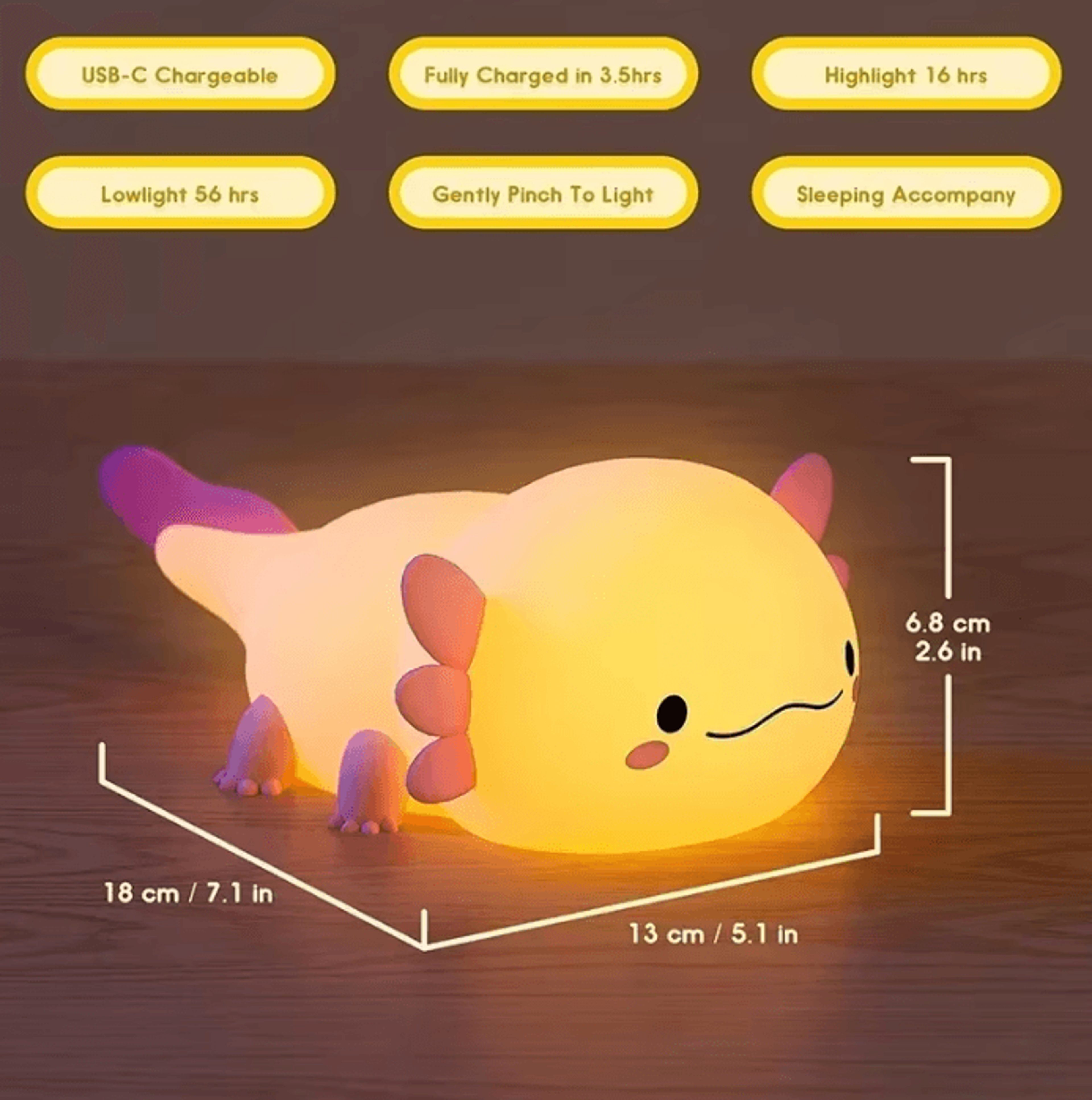 cute axolotl silicone night light usb rechargeable touch lamp for baby & kids