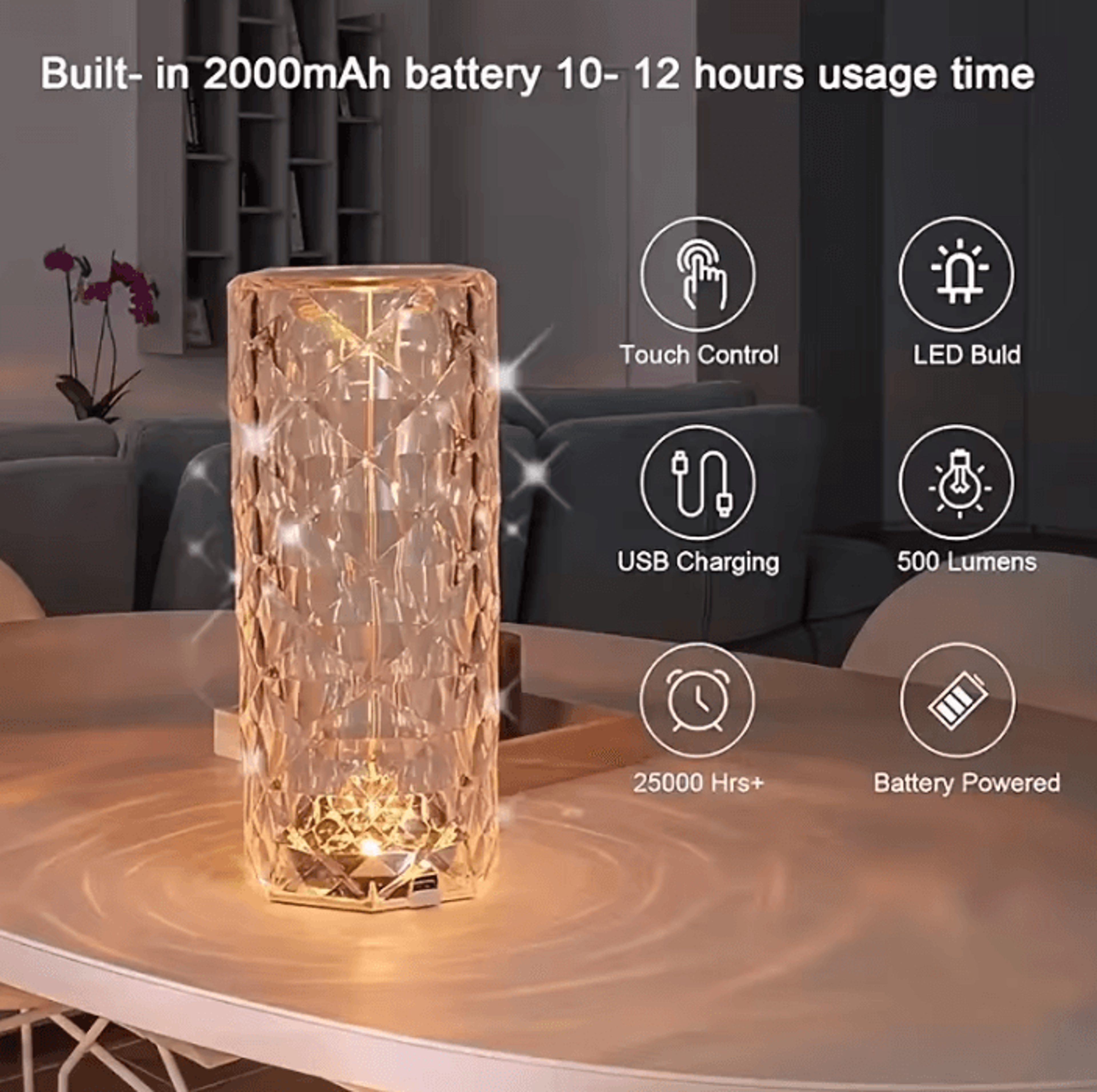 crystal rose led table lamp with touch & remote control usb rechargeable bedside light
