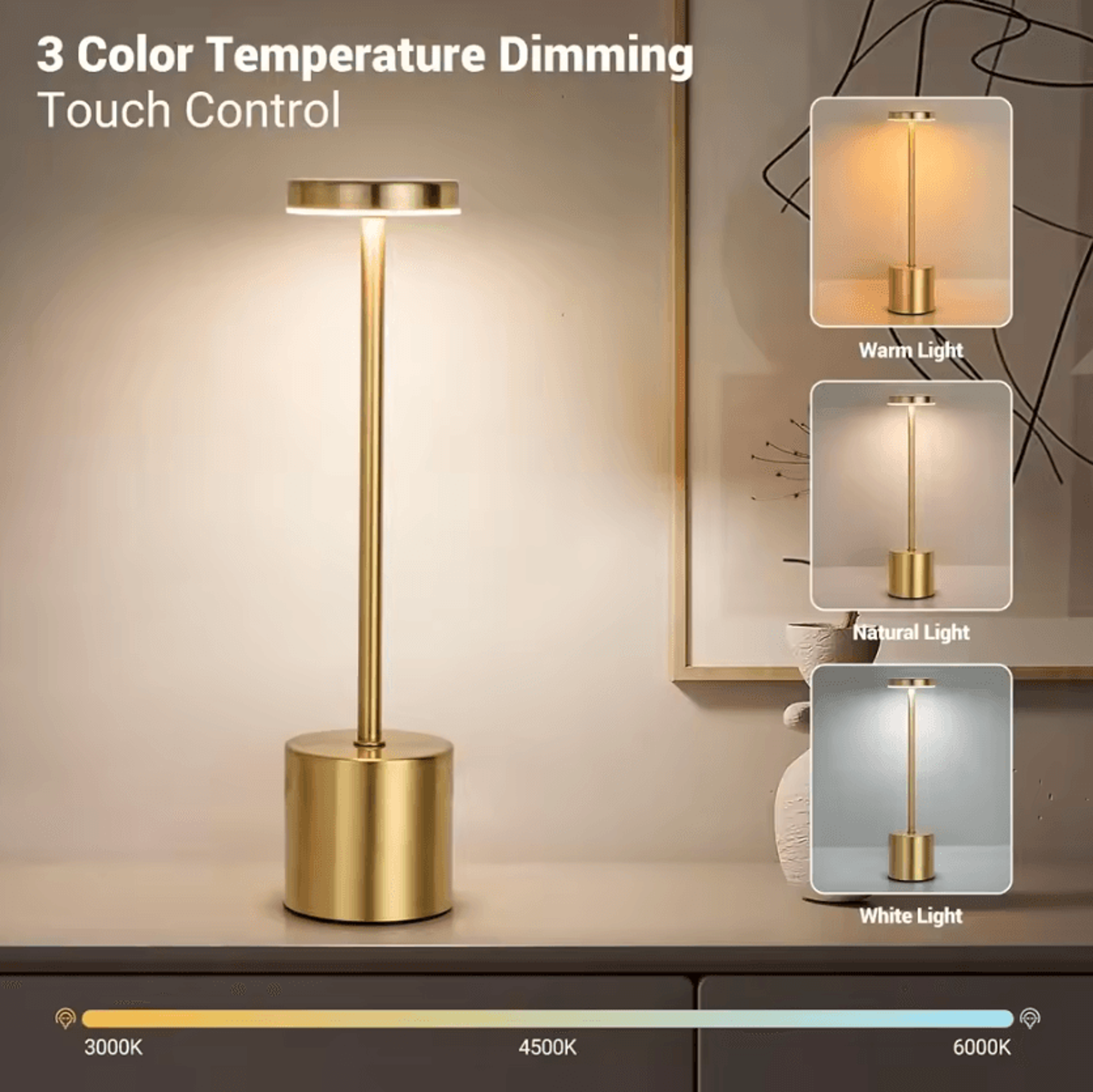 rechargeable led metal table lamp with touch control & 3 color modes for bedroom & outdoor decor
