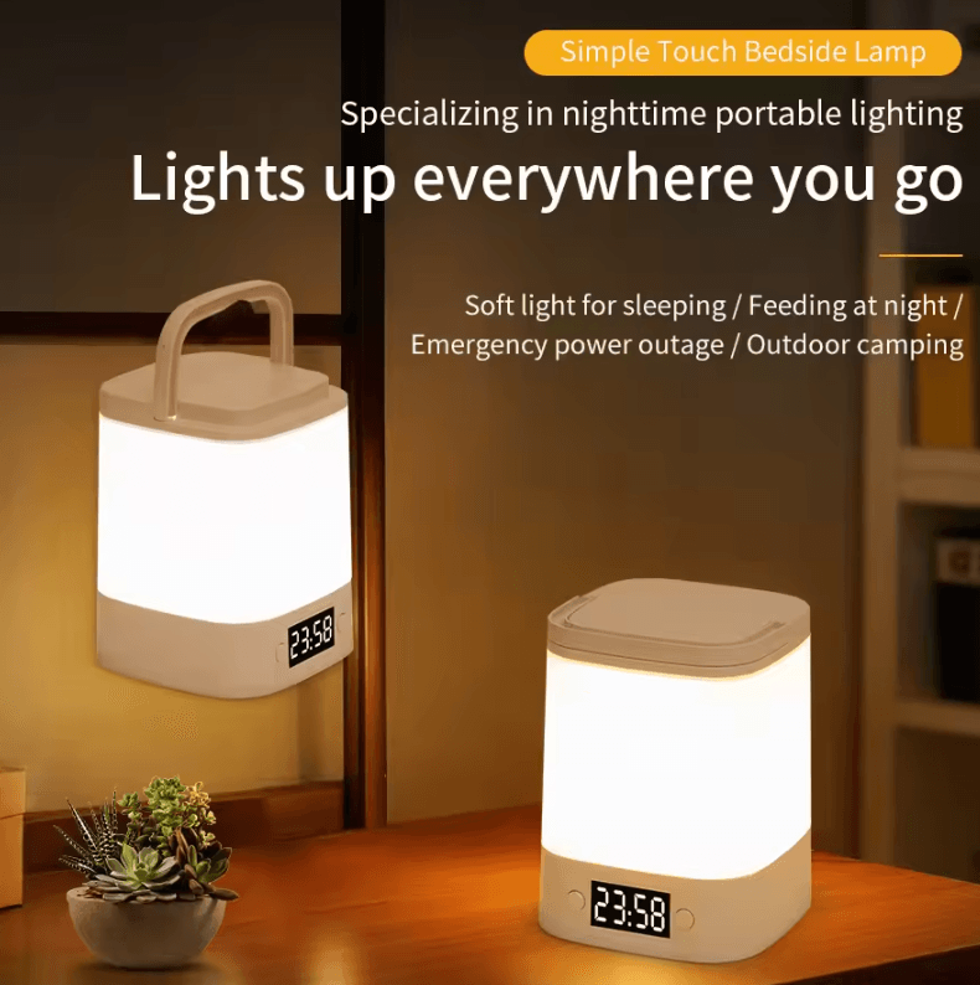 rechargeable led table lamp with clock display, touch control & remote, 3 color dimmable bedside light