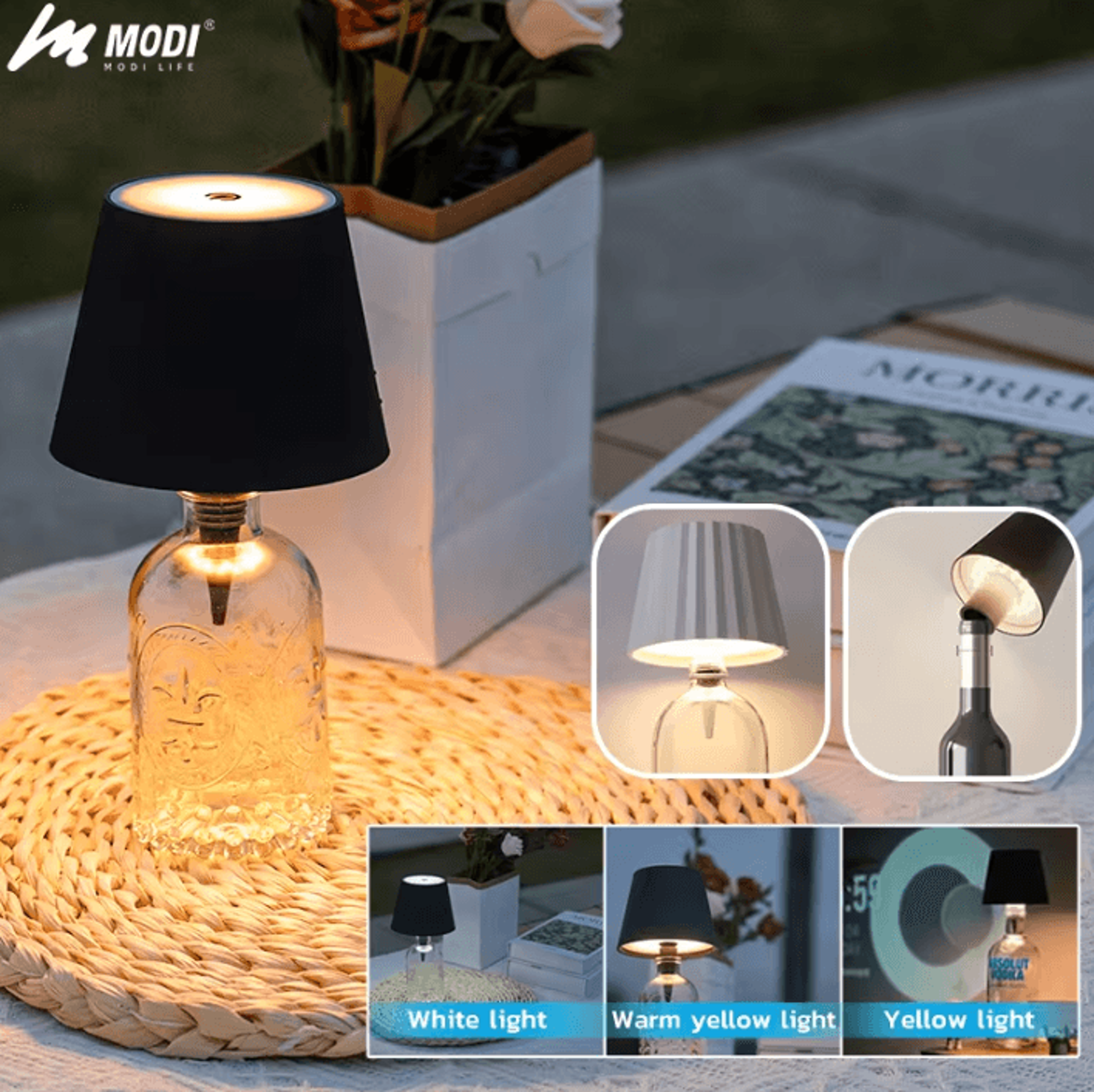 wireless touch bottle table lamp 3 color dimmable rechargeable led light