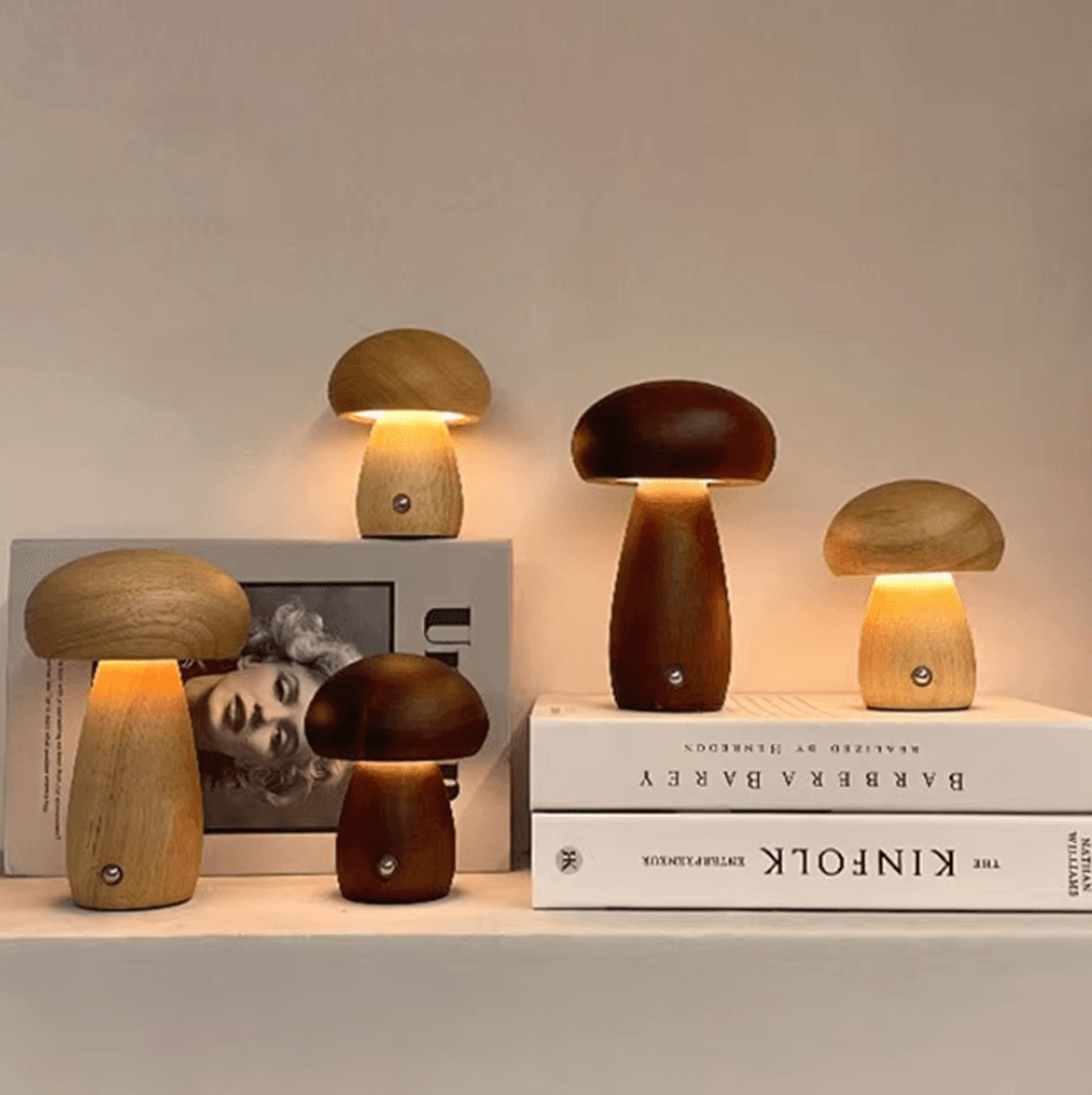 wooden mushroom night light usb rechargeable touch dimmable bedside lamp