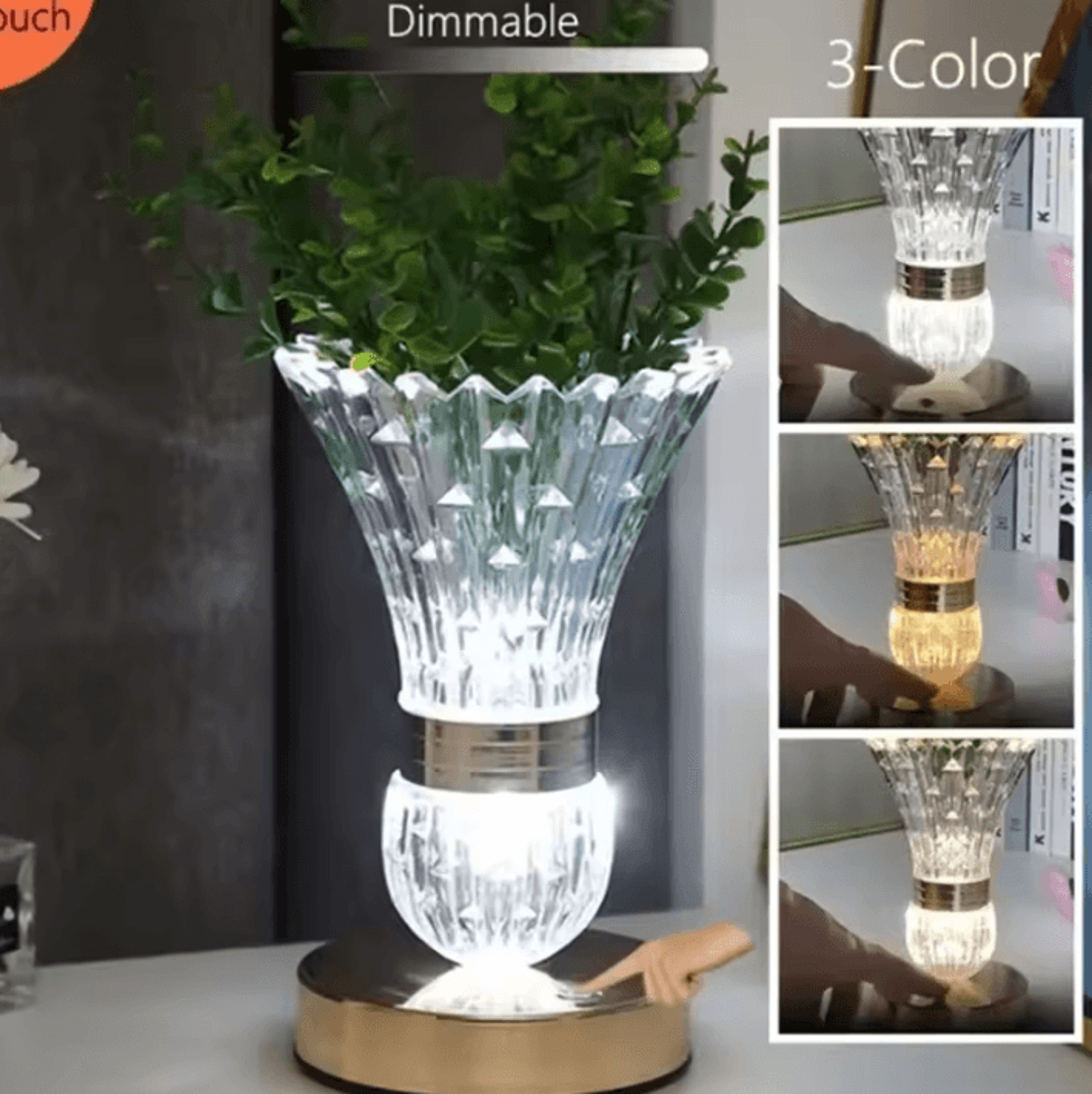 crystal led vase table lamp usb rechargeable 3 color touch dimmable bedside light