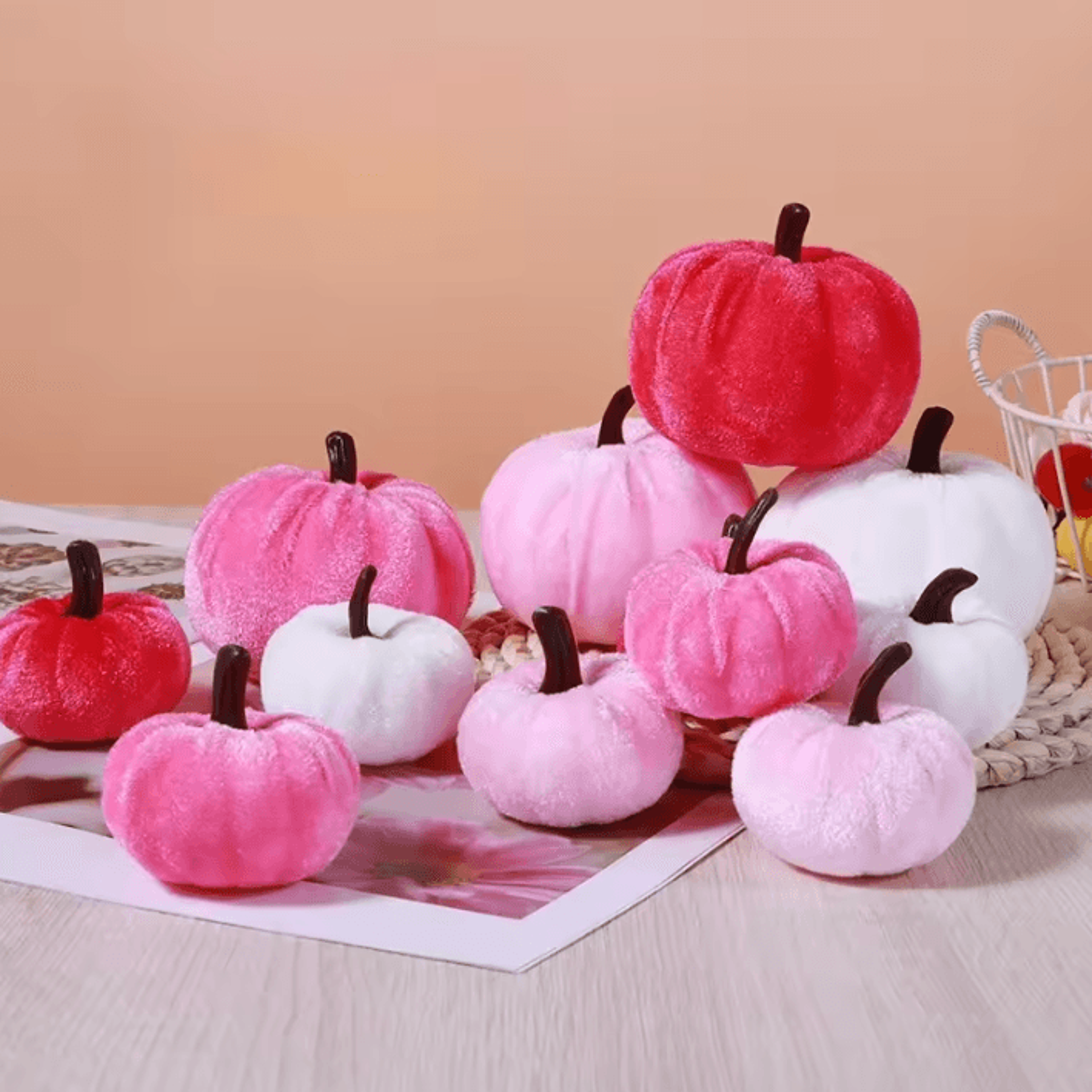 5pcs pink velvet artificial pumpkins mini fall halloween decorative set