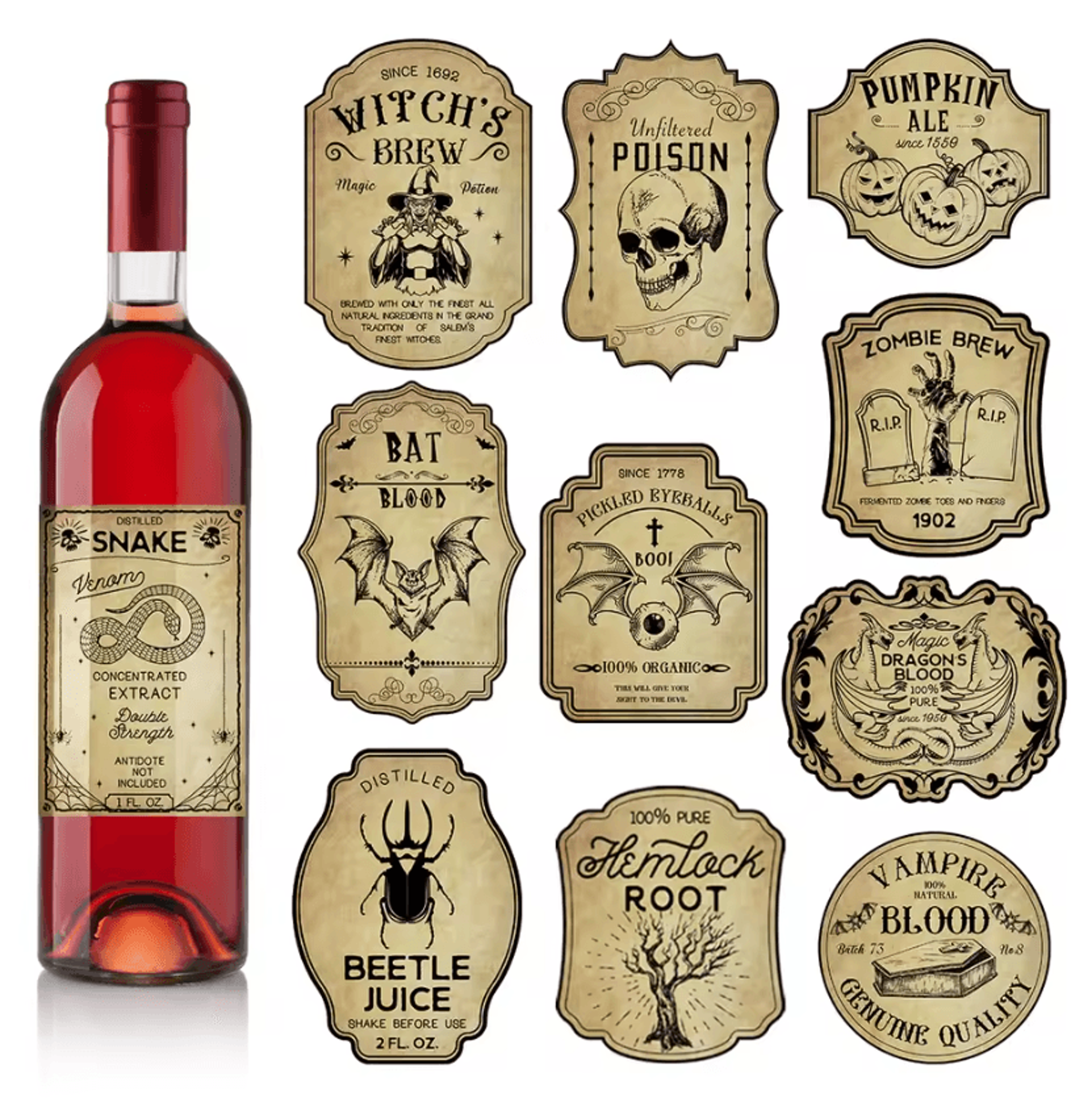 24pcs vintage halloween wine bottle labels gothic witch potion stickers