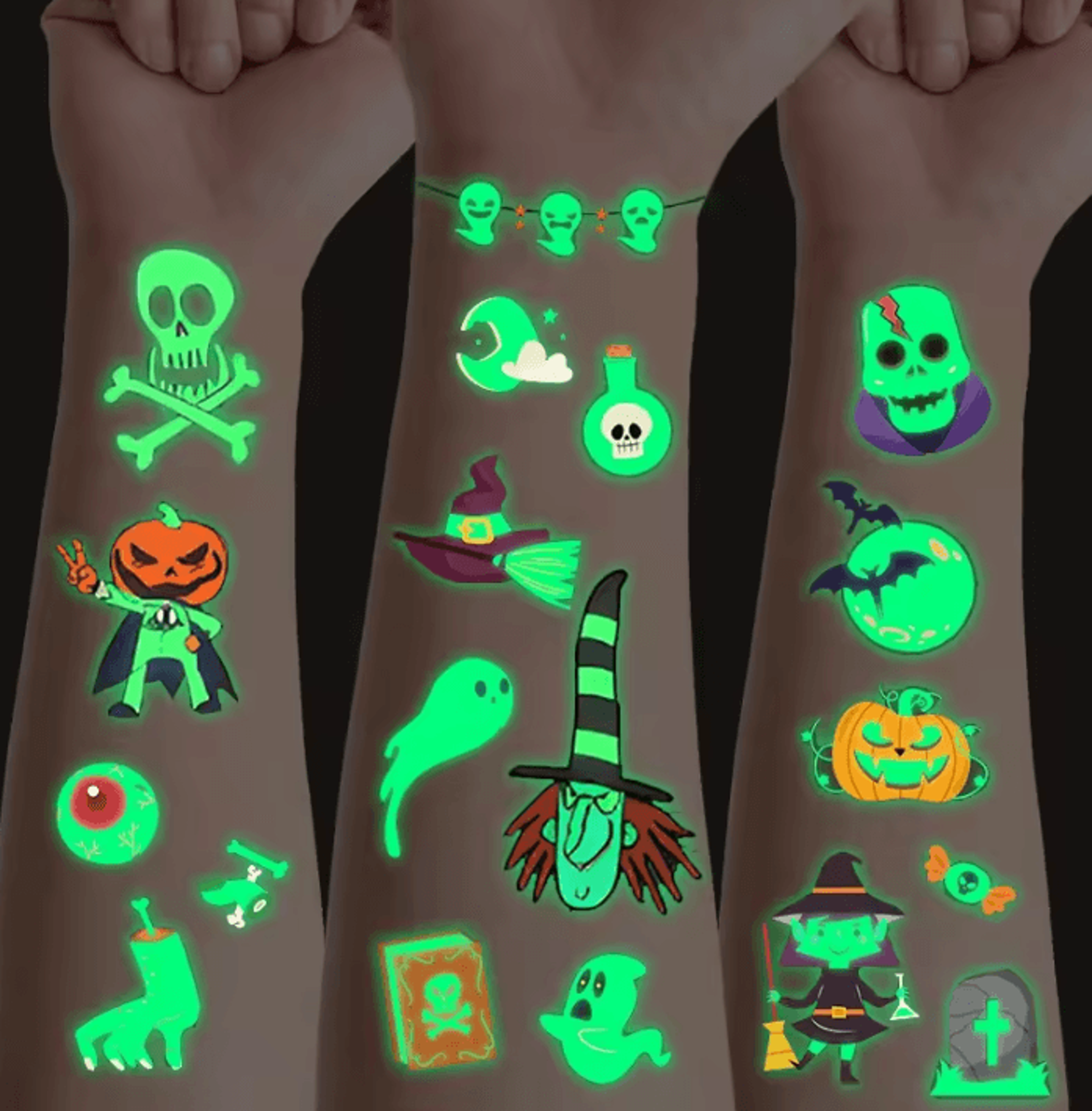 glow-in-the-dark halloween tattoo stickers – 10 sheets halloween temporary tattoos for kids & adults