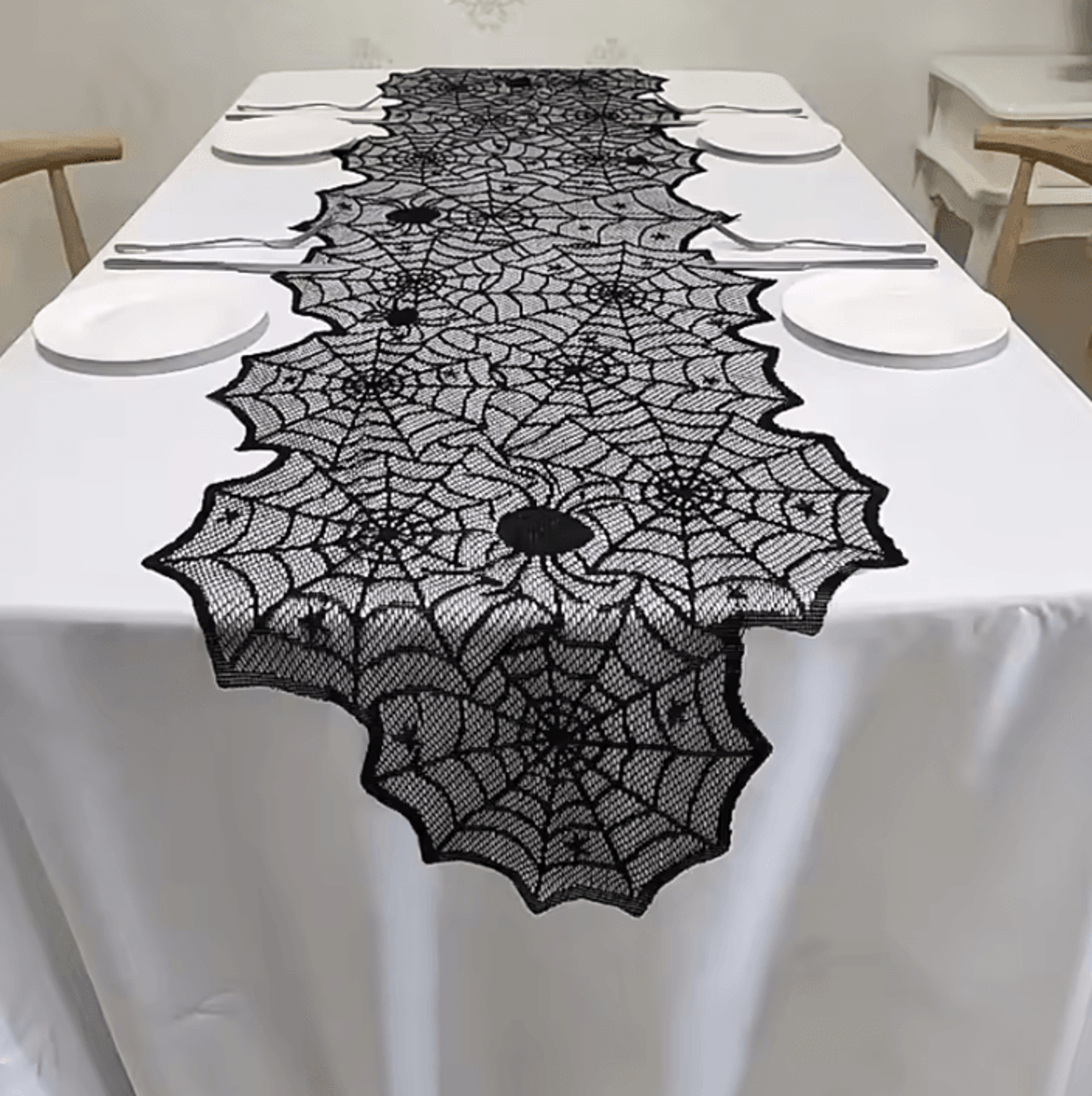 halloween lace spider web table runner – halloween tablecloth skeleton skull mantel scarf for spooky party decor