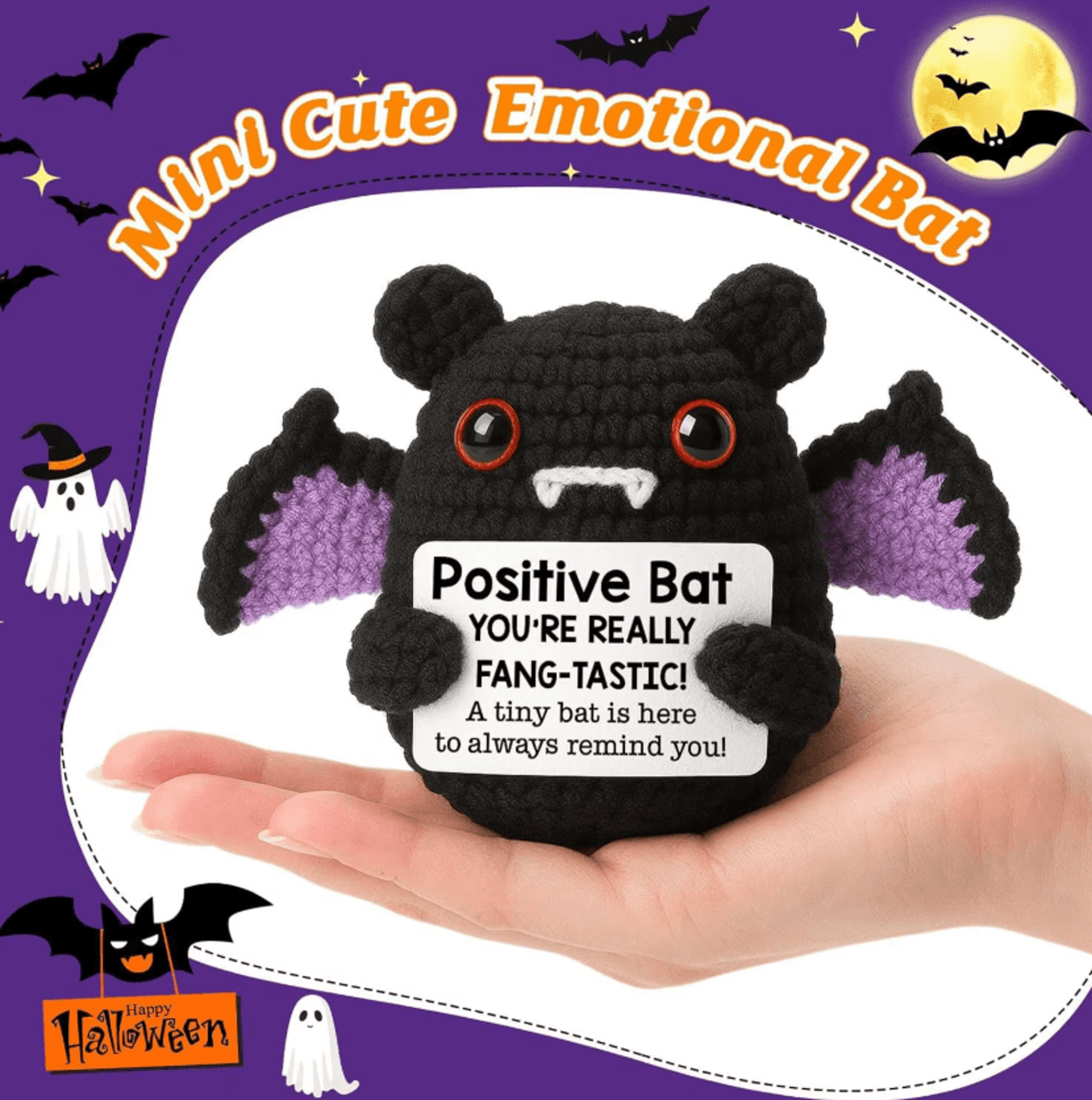 handmade positive bat doll – knitted bat doll with encouragement card for halloween & home decor