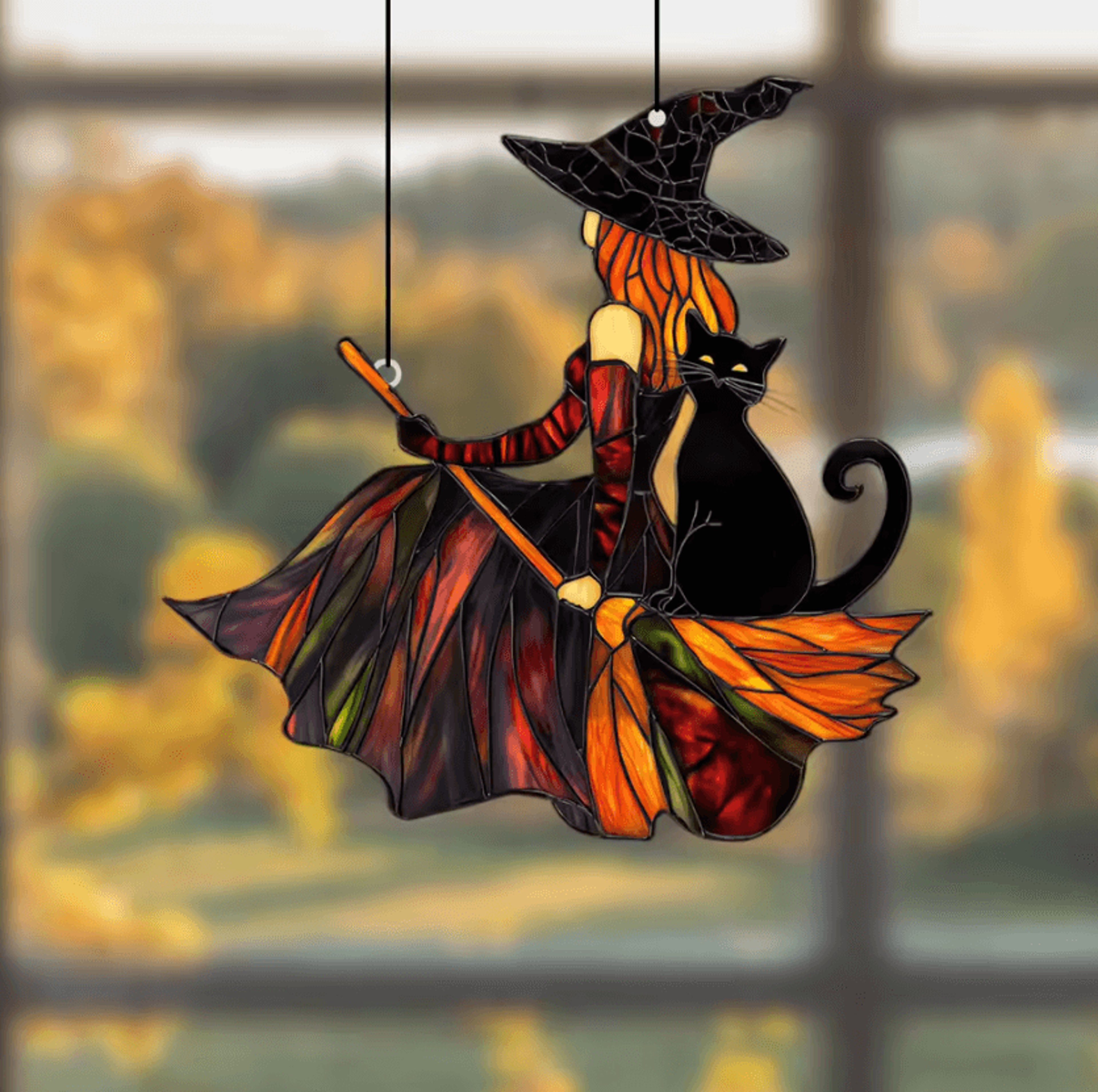 gothic witch & black cat suncatcher – halloween window decoration acrylic hanging ornament for home & party