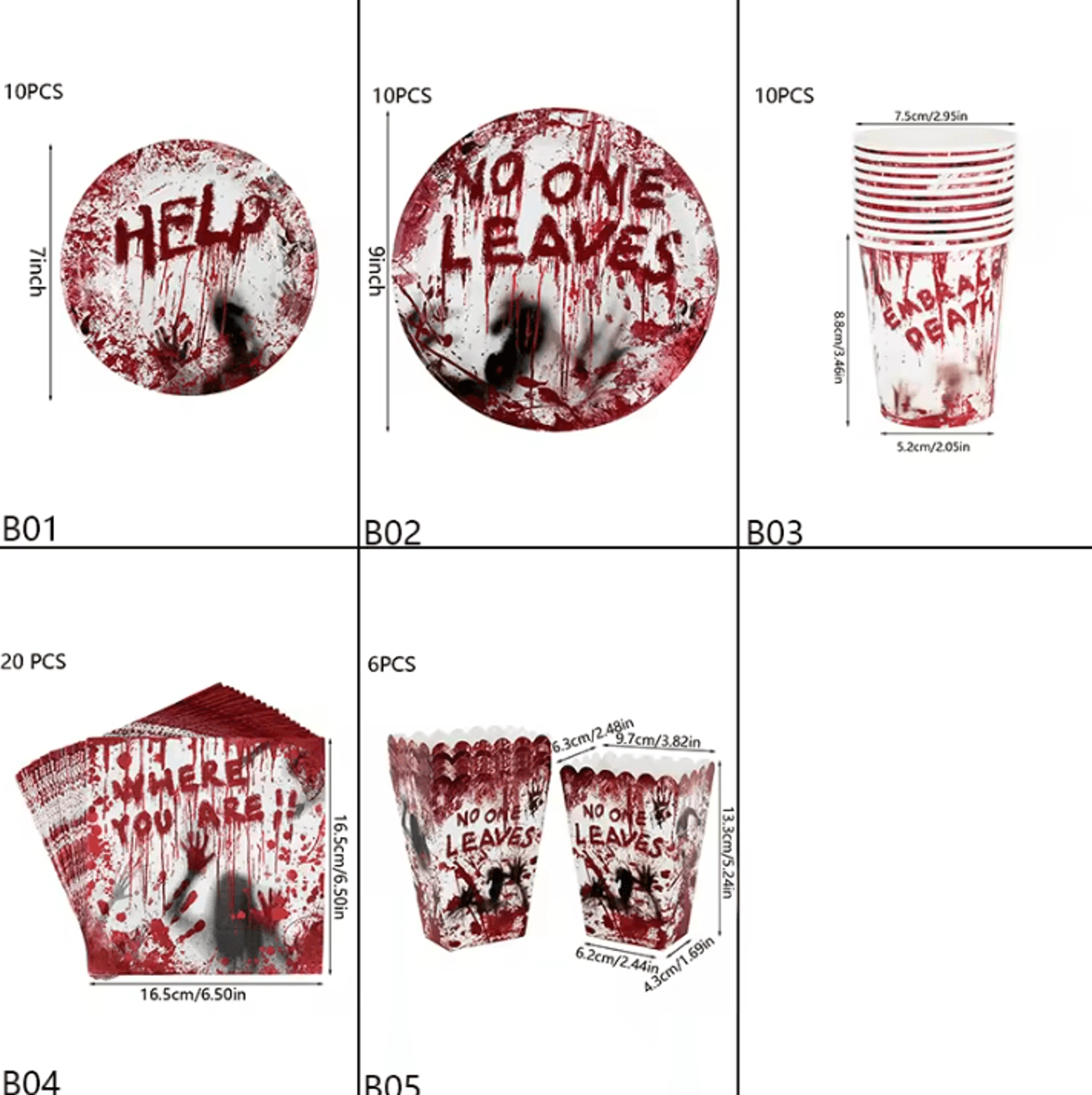 bloody handprint halloween tableware set – halloween party tableware disposable plates, cups & popcorn boxes