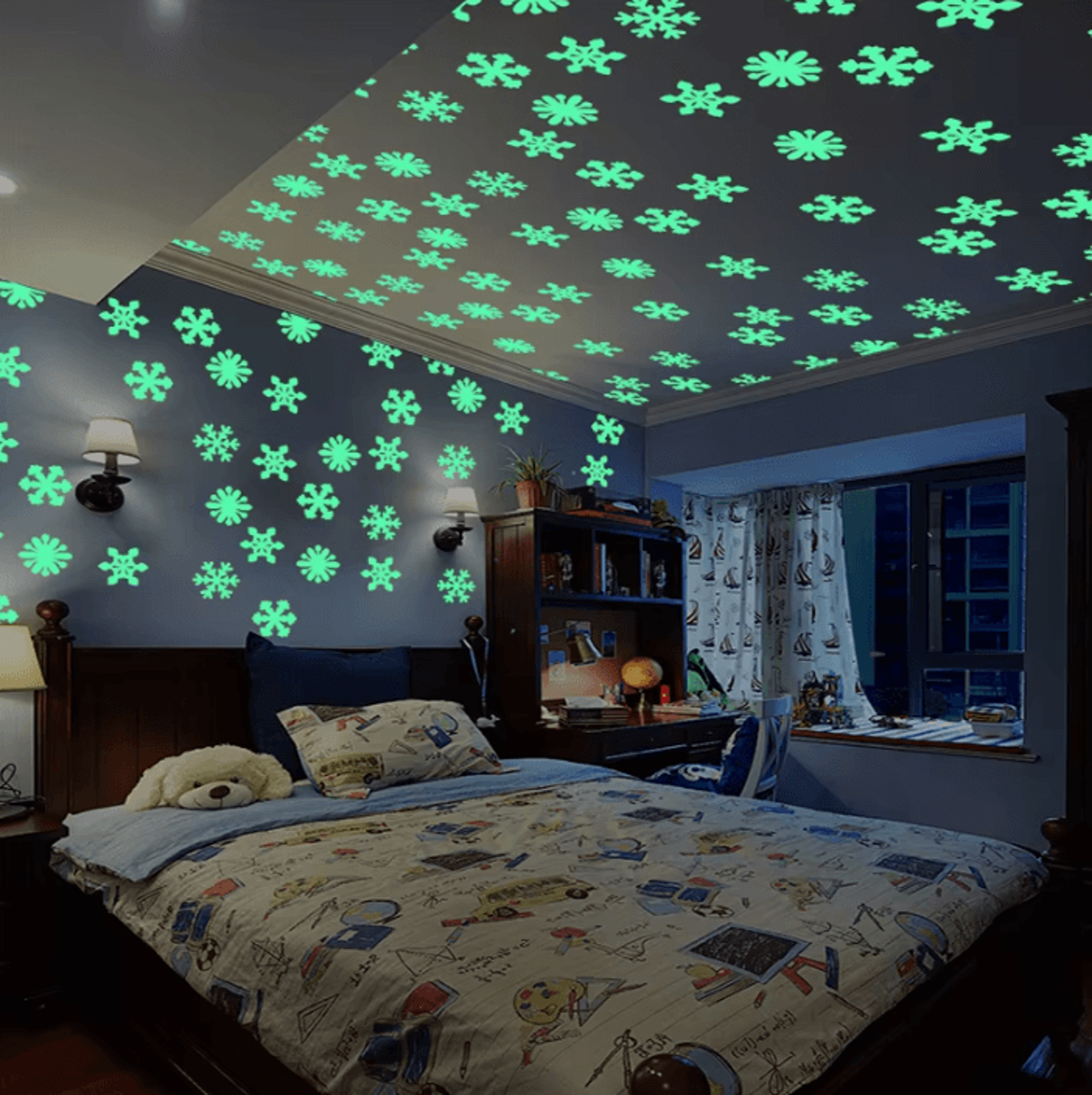 50pcs glow in the dark snowflake wall stickers – luminous snowflake stickers for kids bedroom & christmas decor