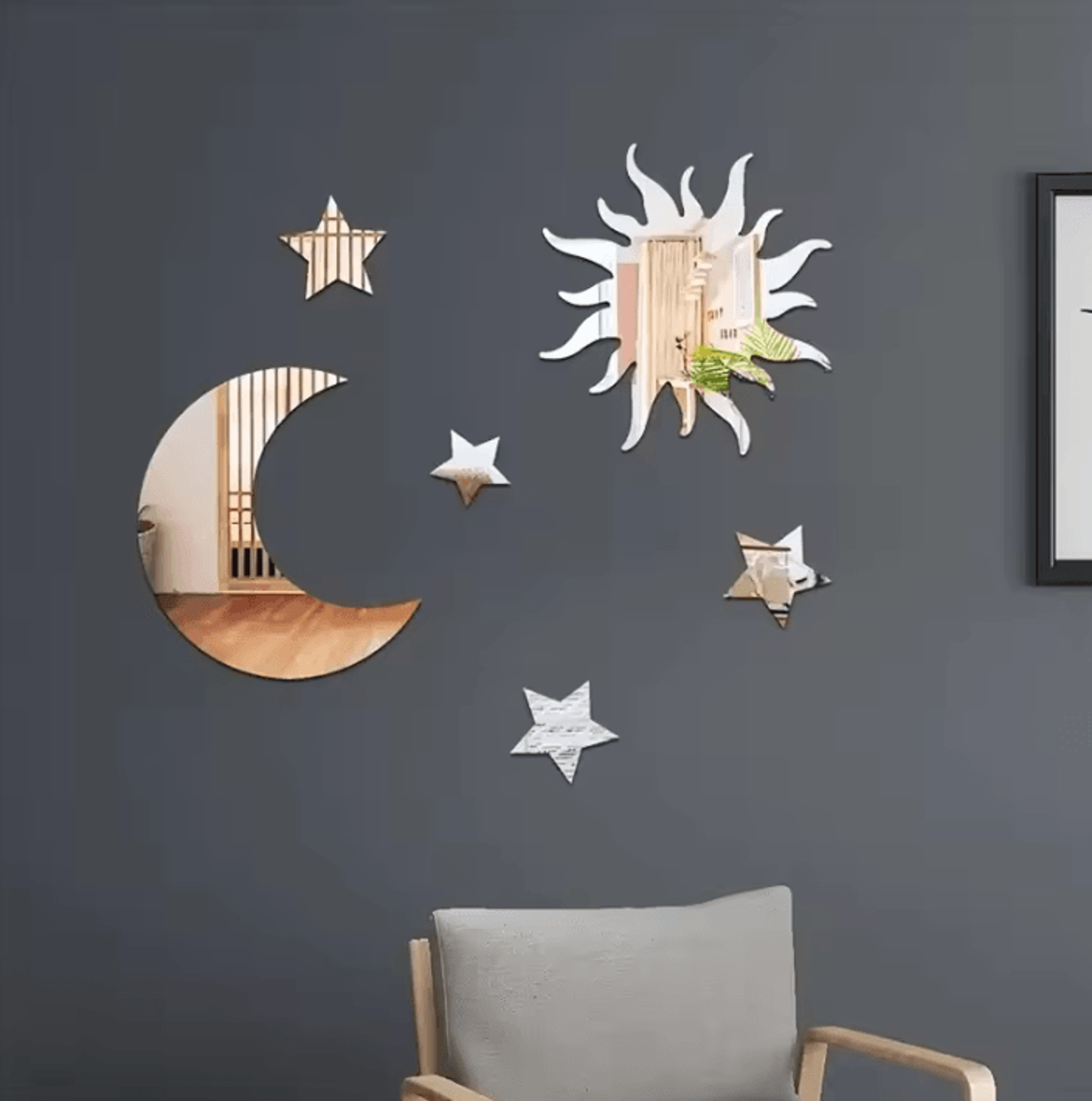 6pcs star & moon mirror wall stickers – mirror wall stickers moon and star wall decor for bedroom & living room