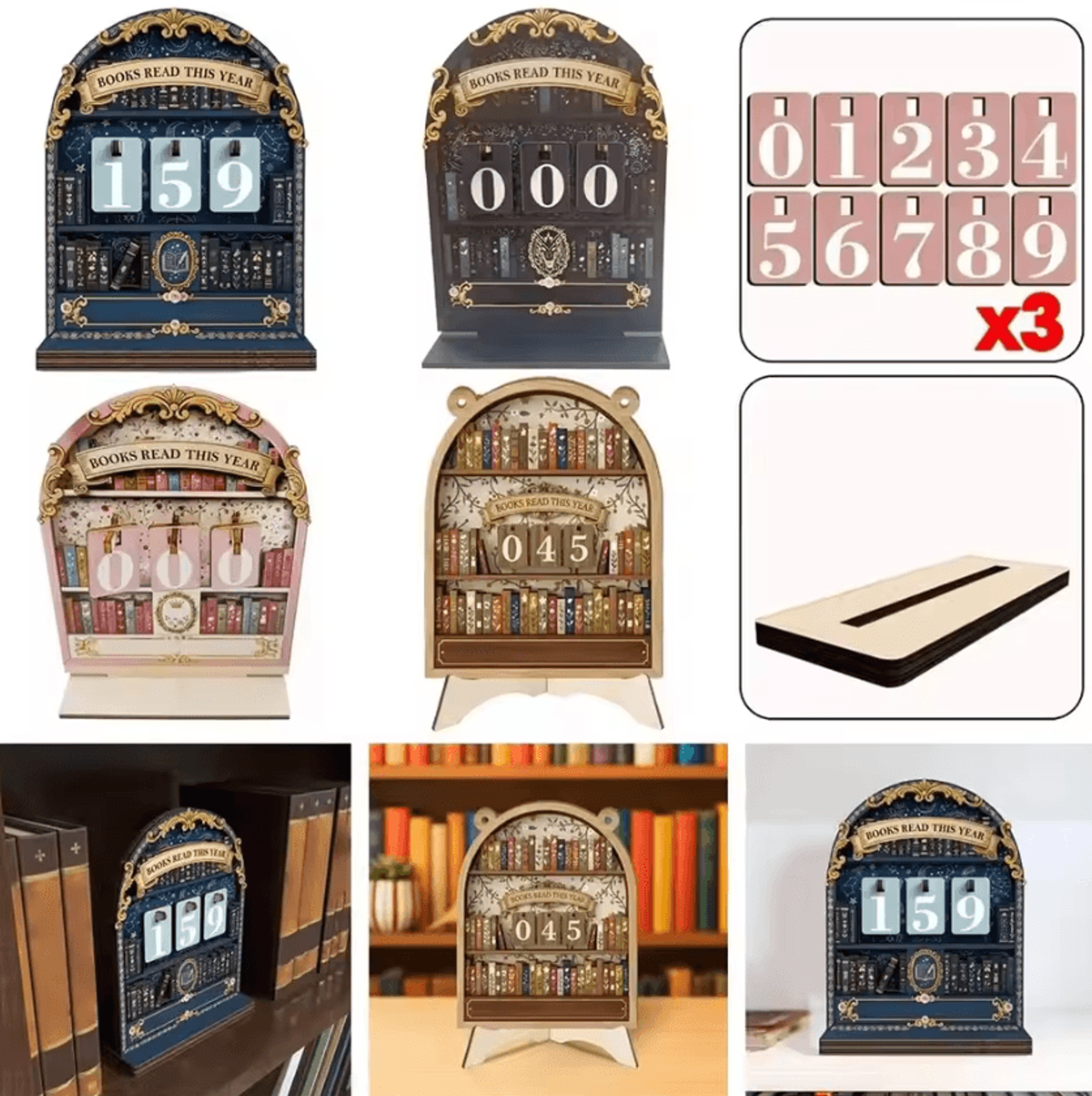 vintage wooden reading tracker – book counter up to 999 for bookshelf & desk