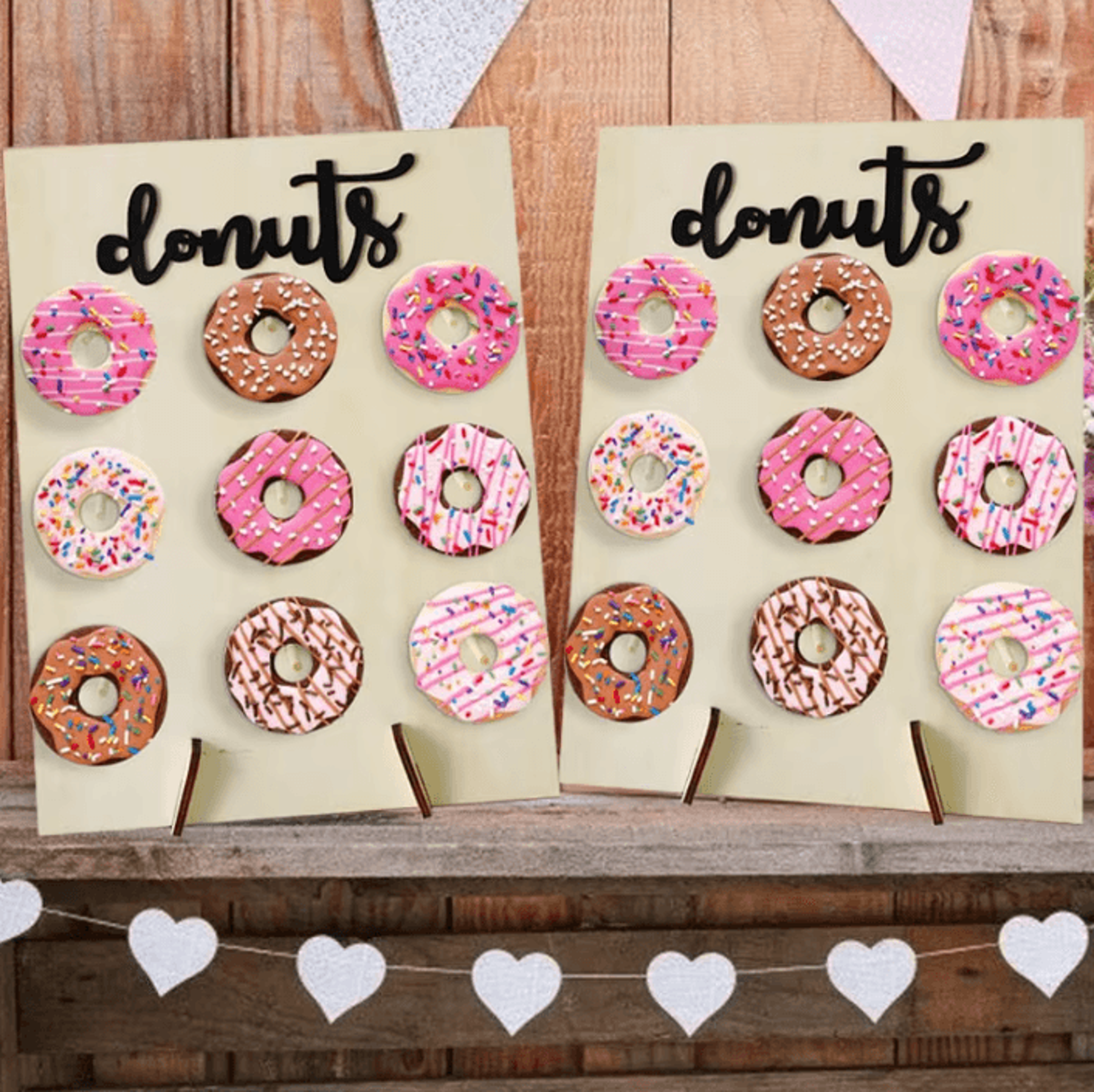 wooden donut wall stand – dessert table display for weddings & parties