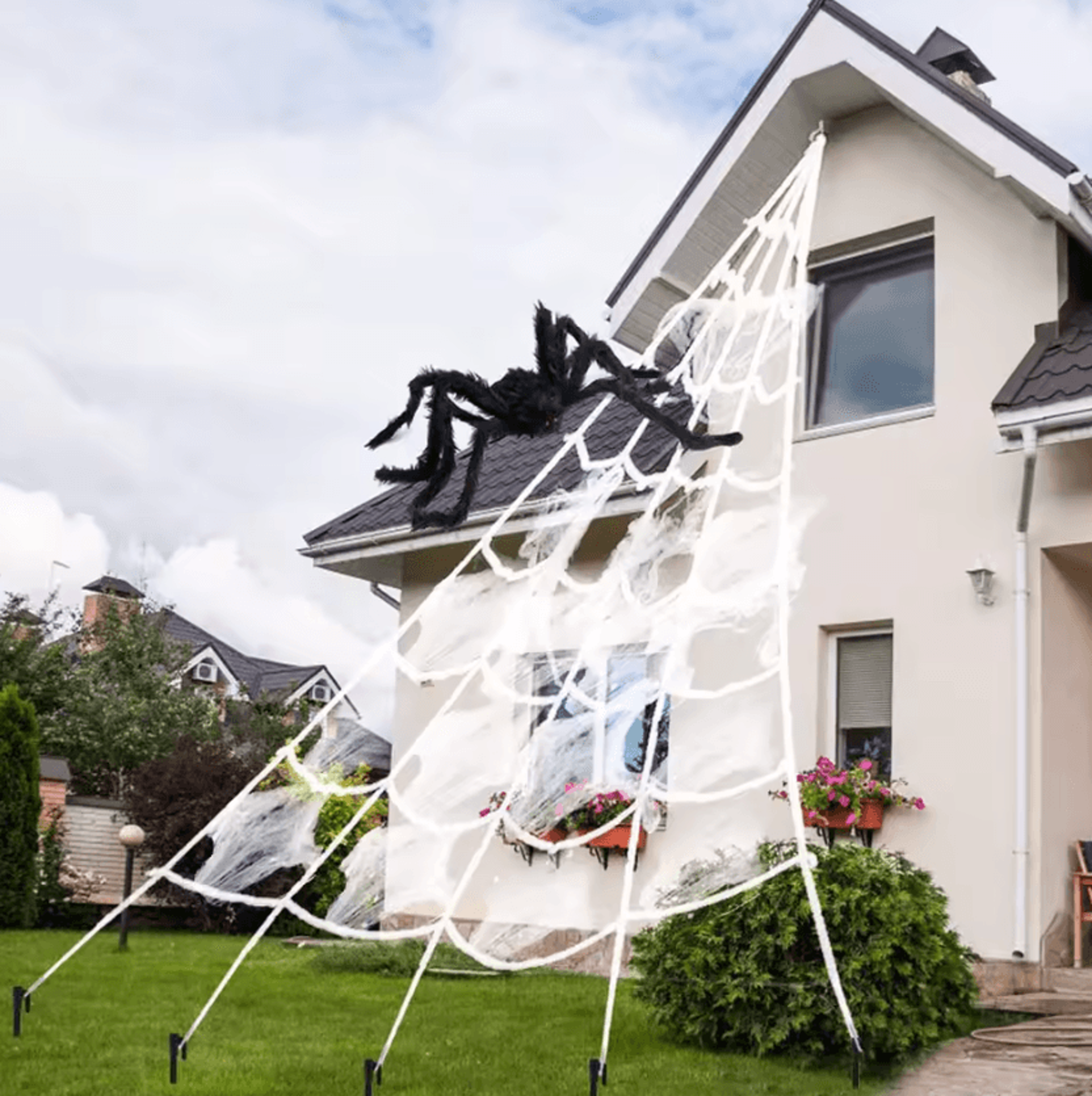 5m giant halloween triangle spider web – plush haunted house & yard decoration