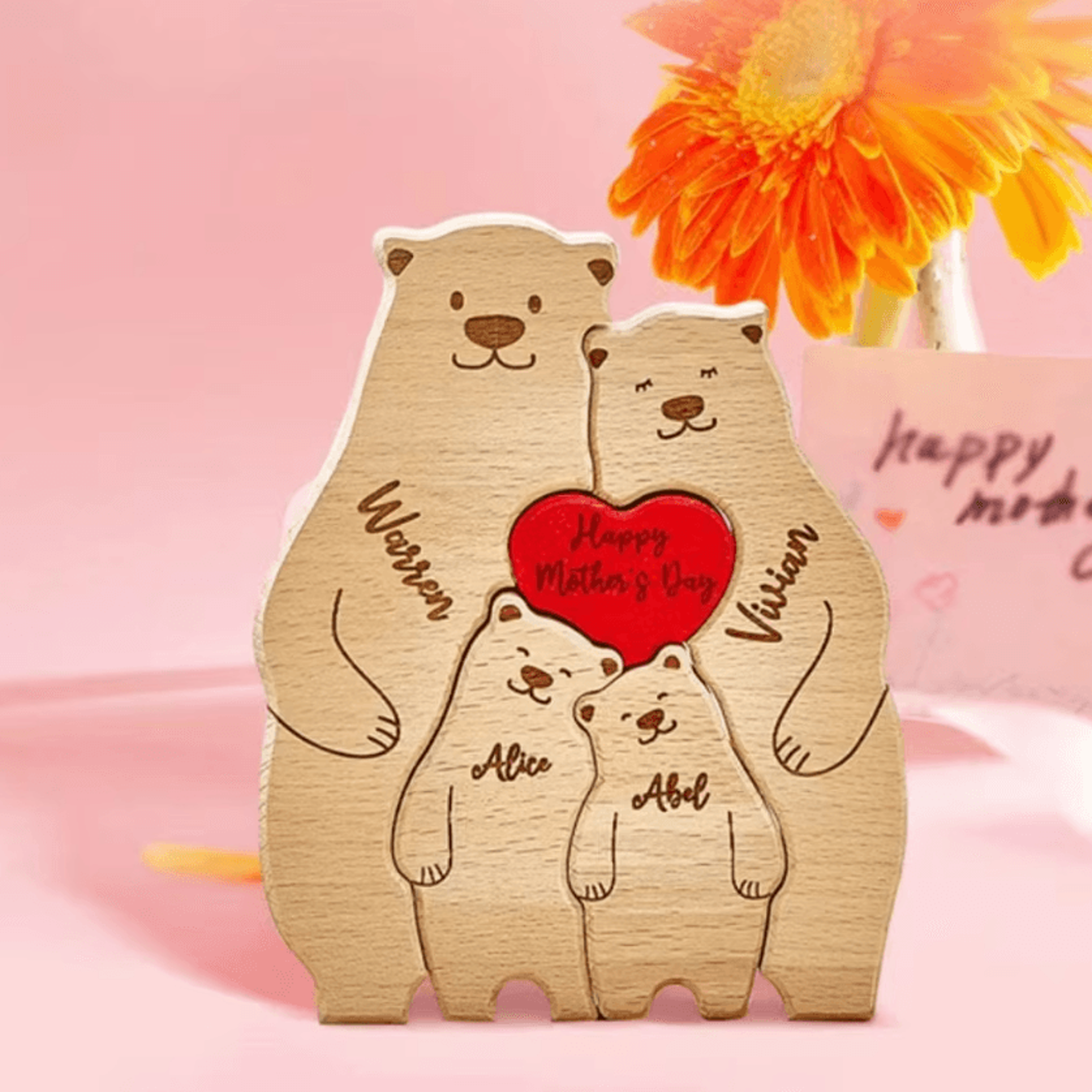 personalized wooden bear family puzzle – custom 2-6 name keepsake