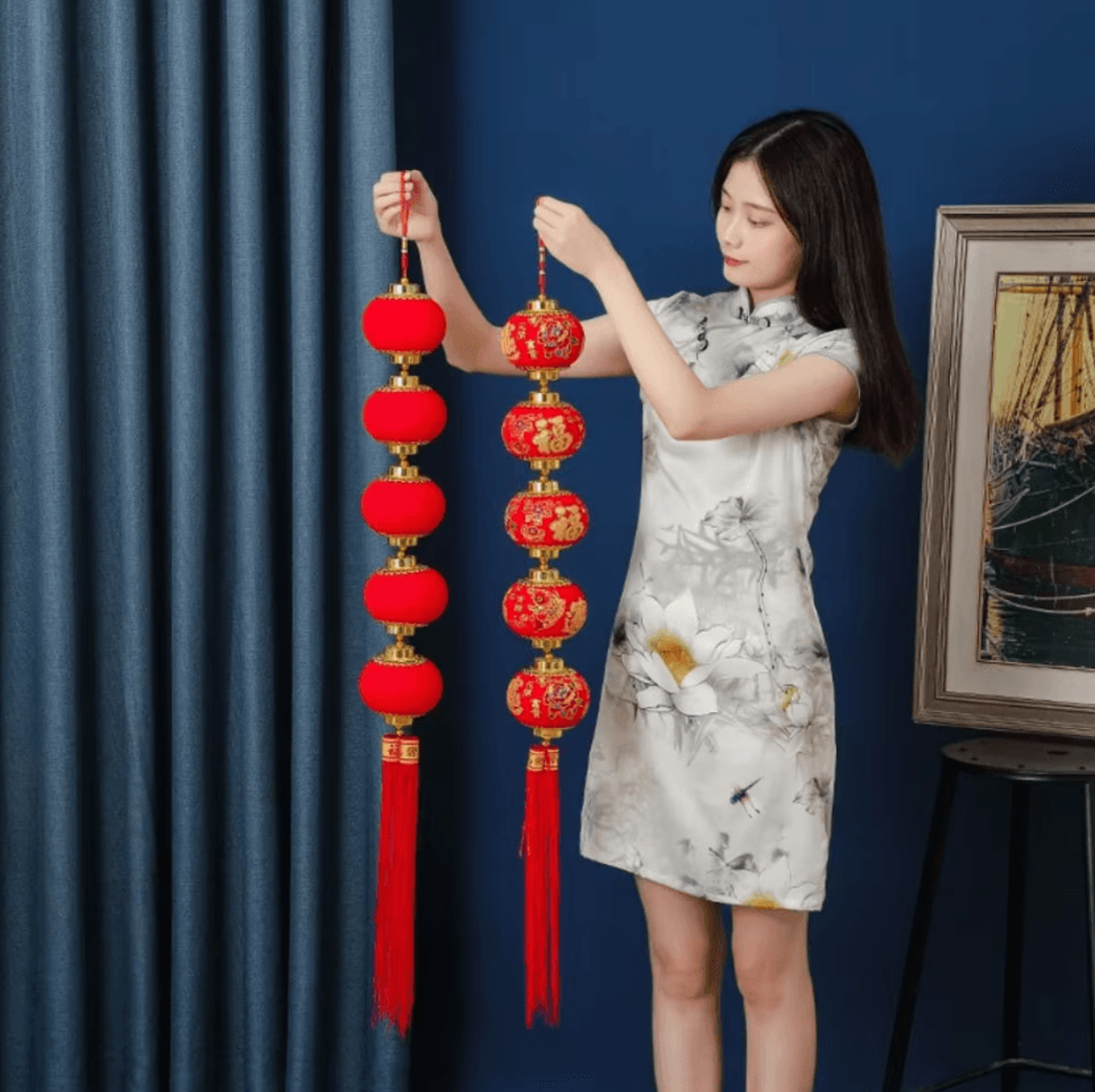 chinese new year red lantern string – traditional hanging festival decor