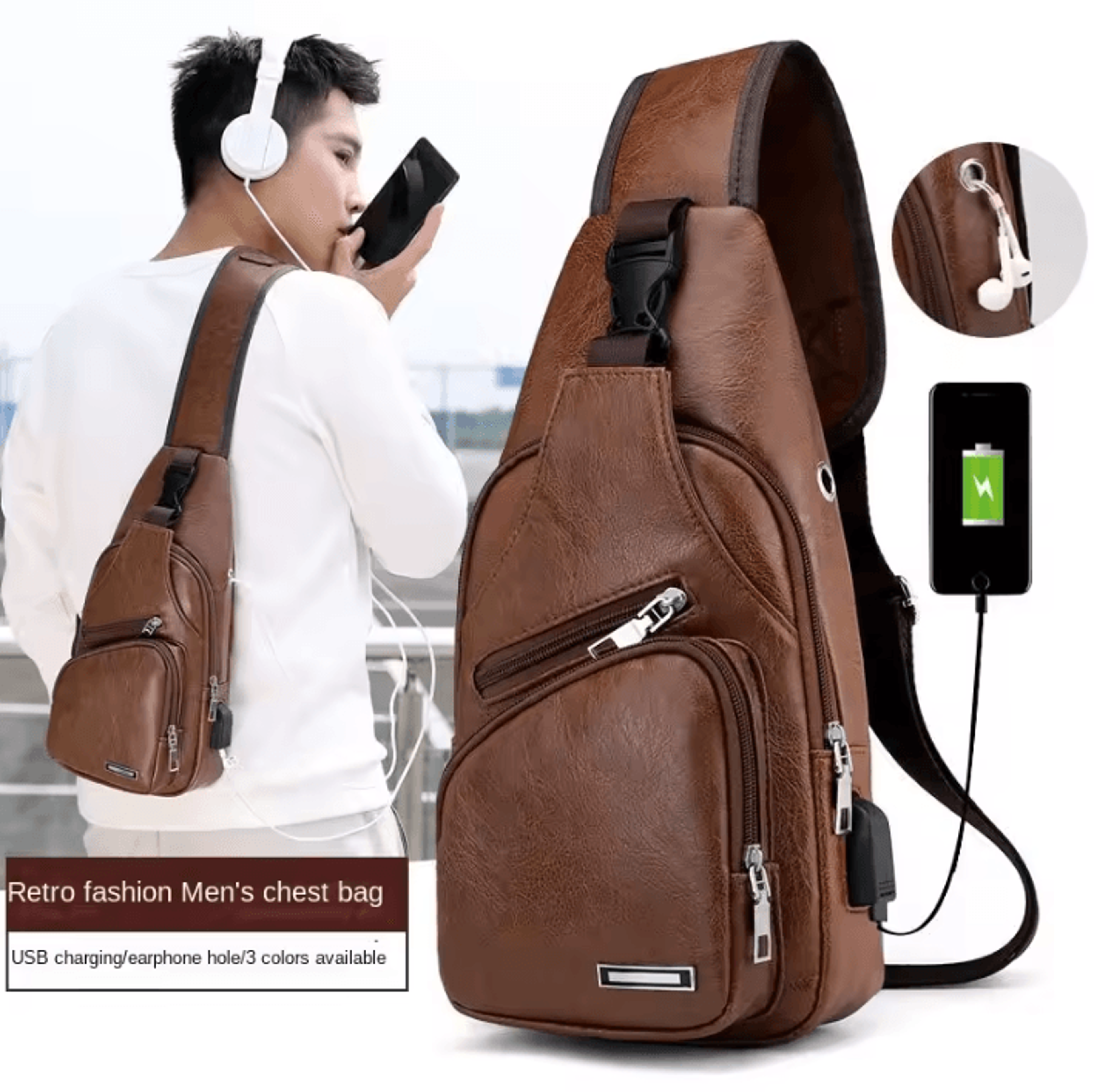 men's usb chest sling bag - crossbody shoulder bag with headphone hole