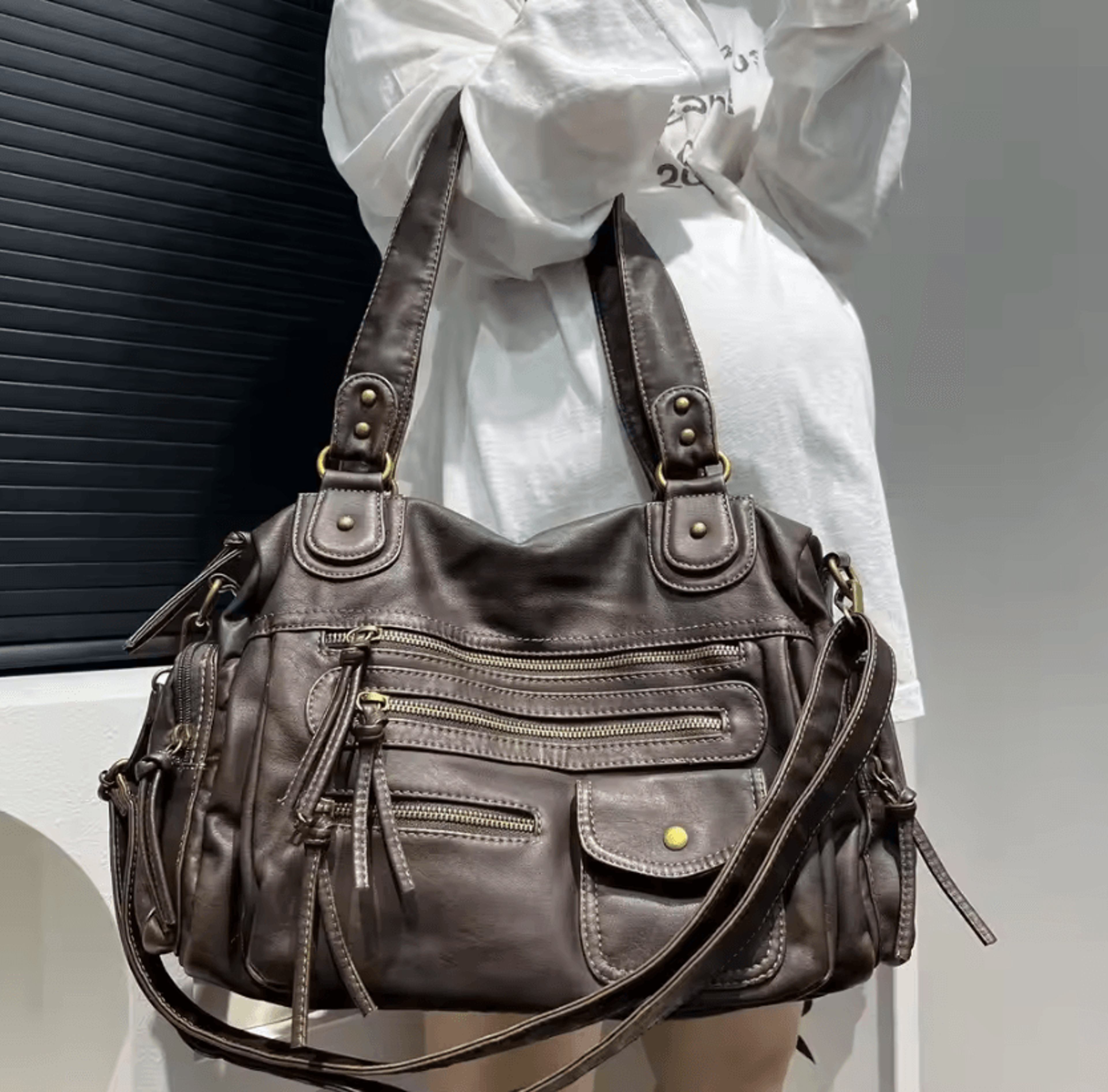 y2k vintage washed pu motorcycle bag - large multi pocket shoulder tote