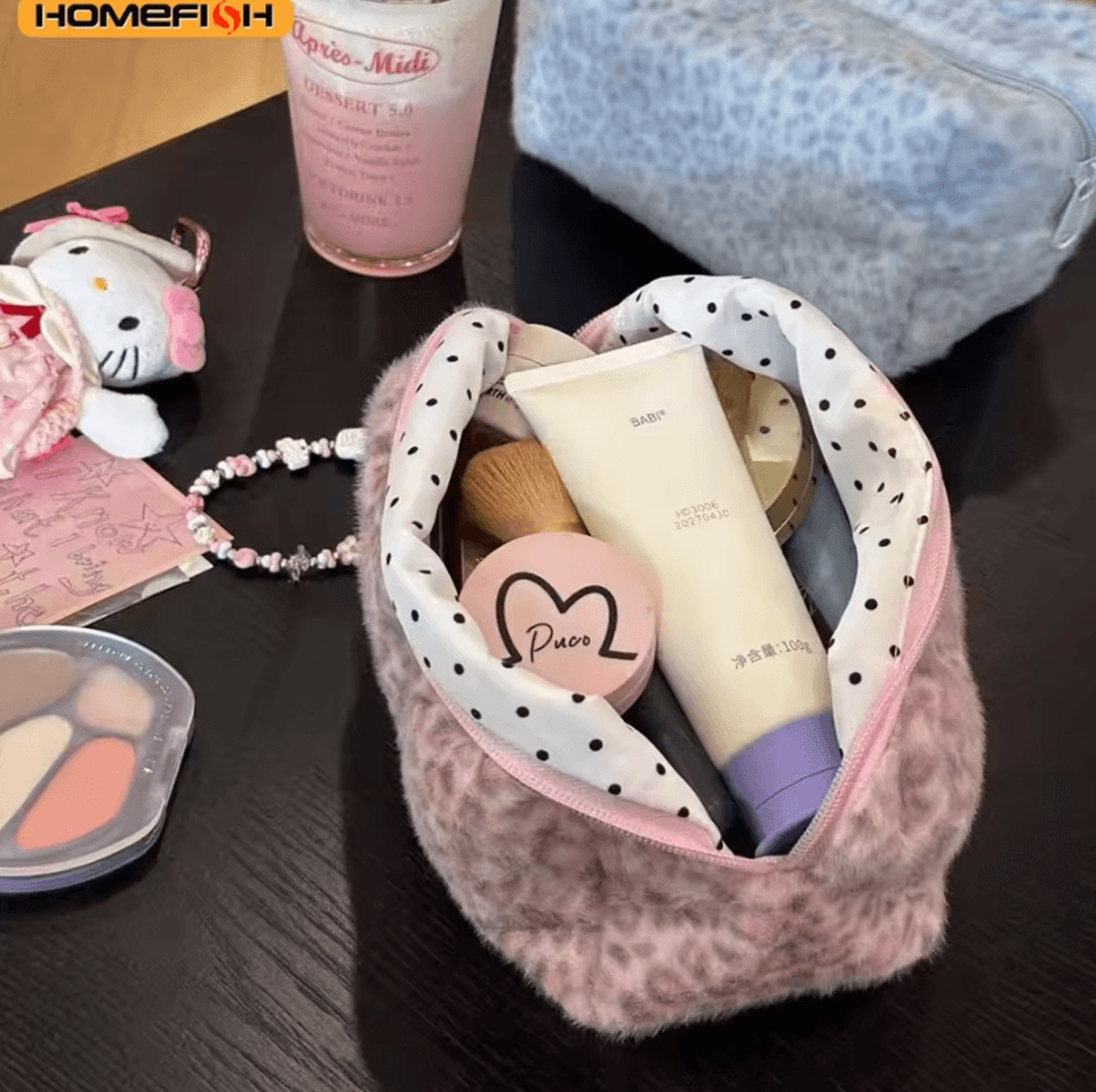homefish fuzzy leopard makeup bag - large capacity travel cosmetic organizer