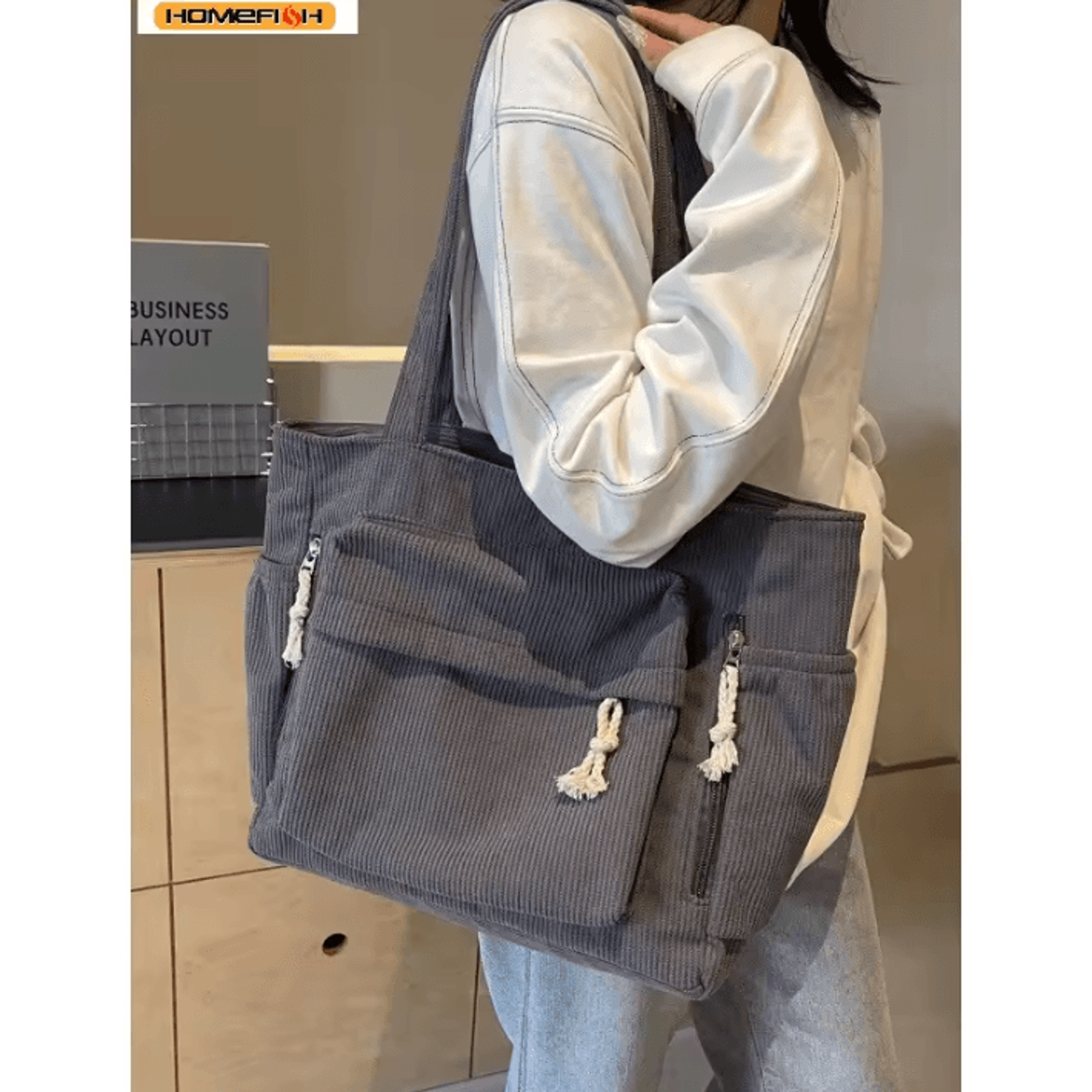 homefish multi pocket corduroy tote bag - casual women's shoulder bag