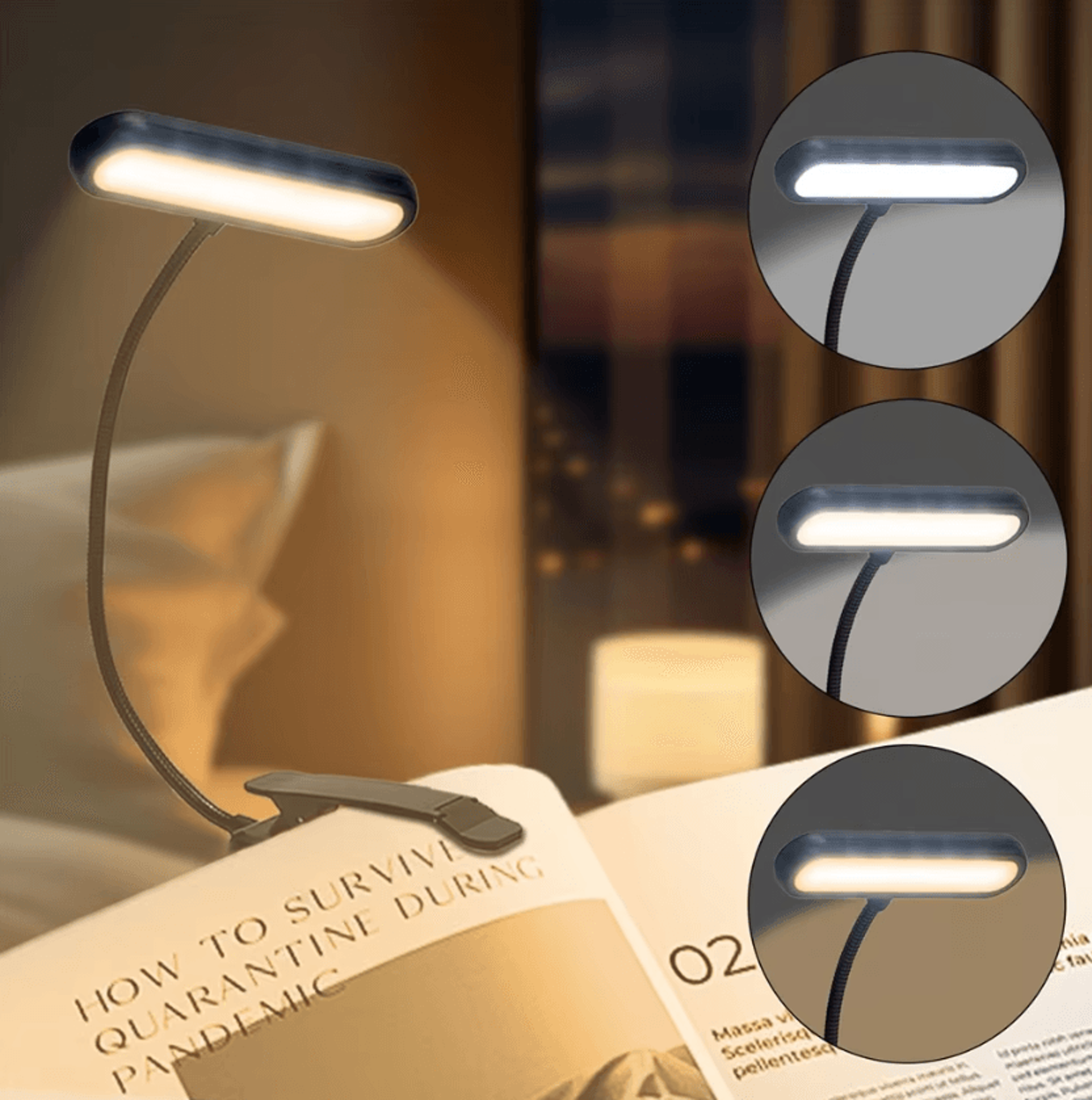usb rechargeable led book light - 3 color clip-on reading lamp