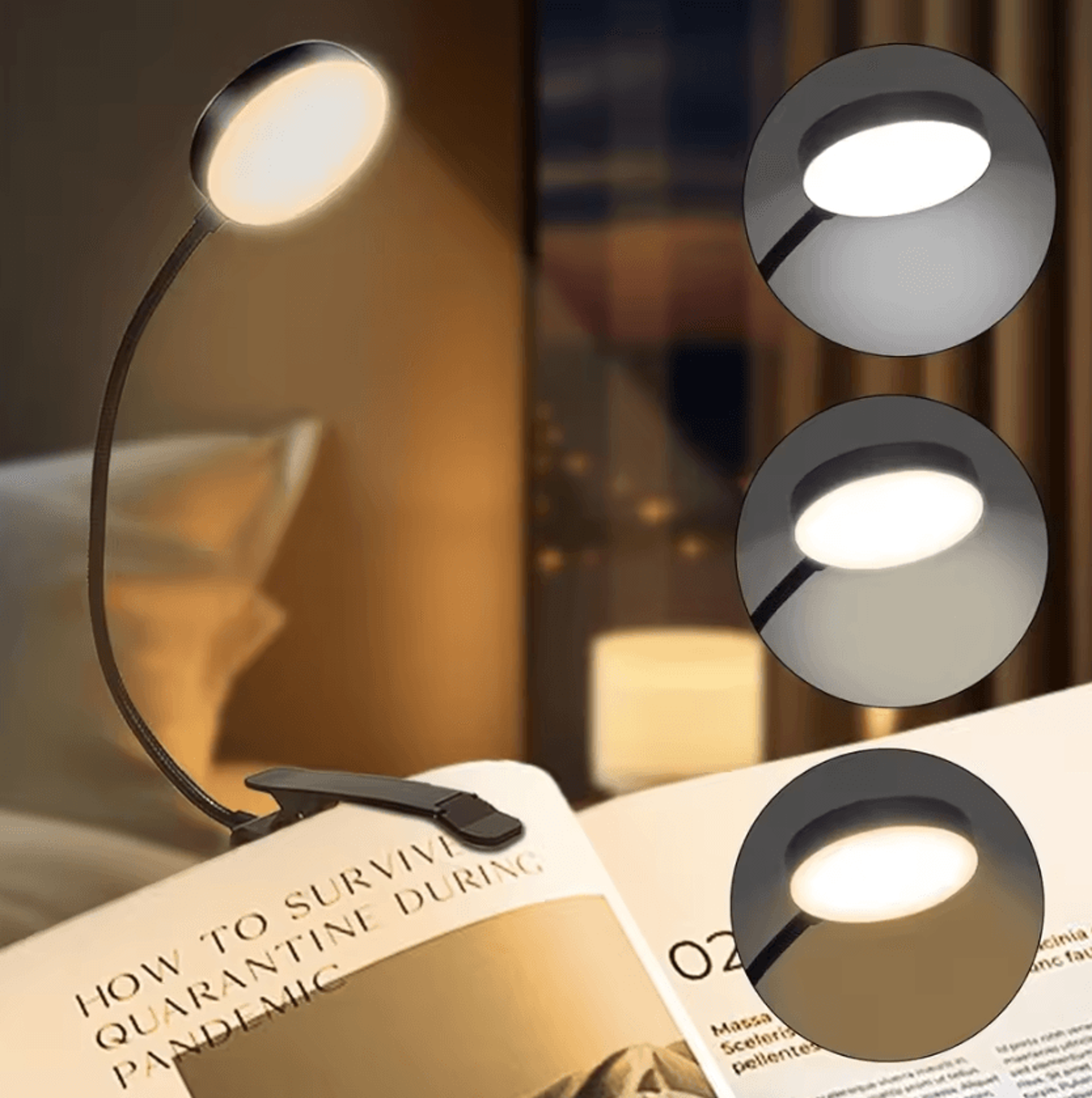 usb rechargeable clip-on book light - 3 color flexible reading lamp