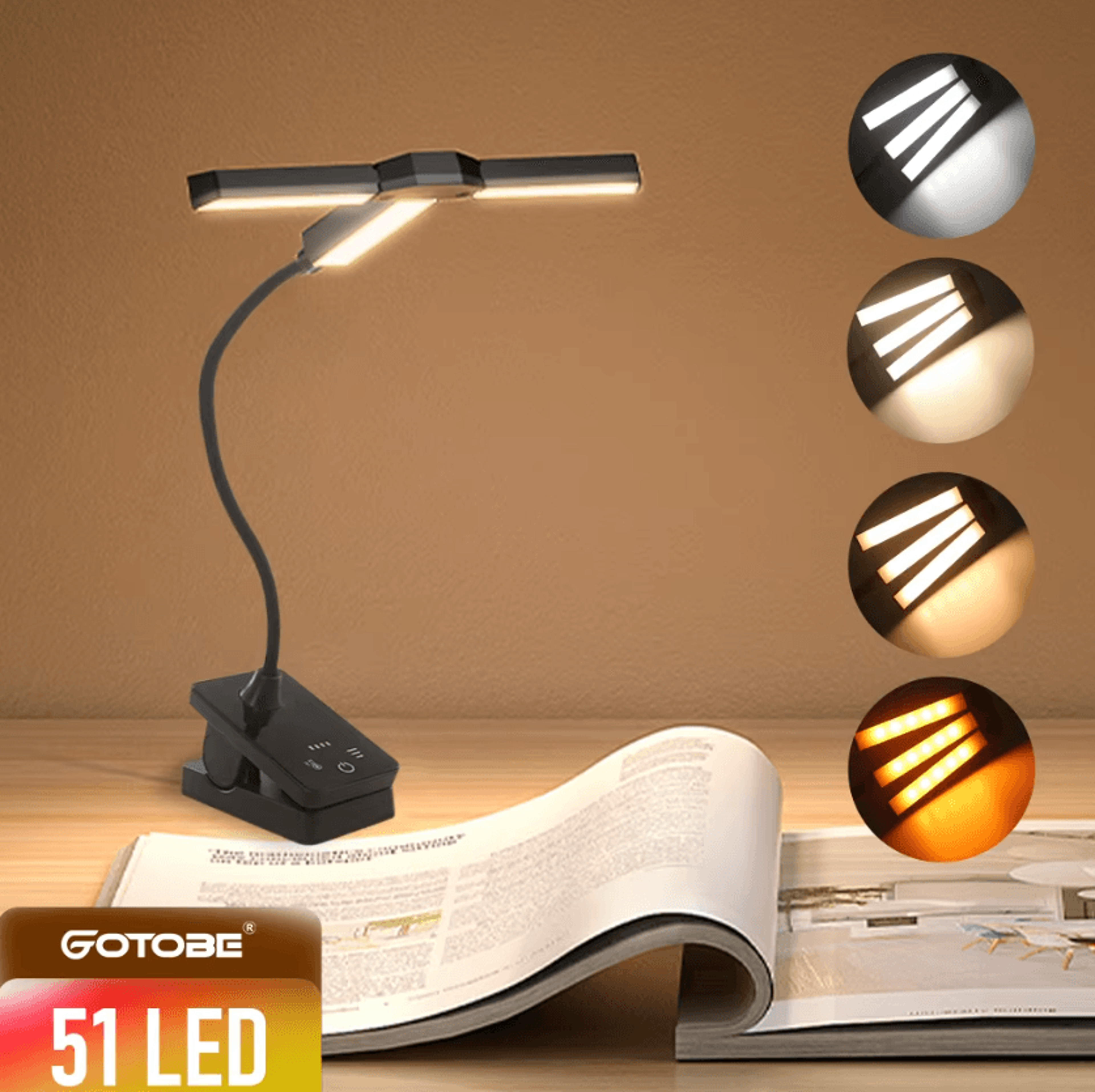 51 led clip-on reading lamp - 4 color adjustable desk light
