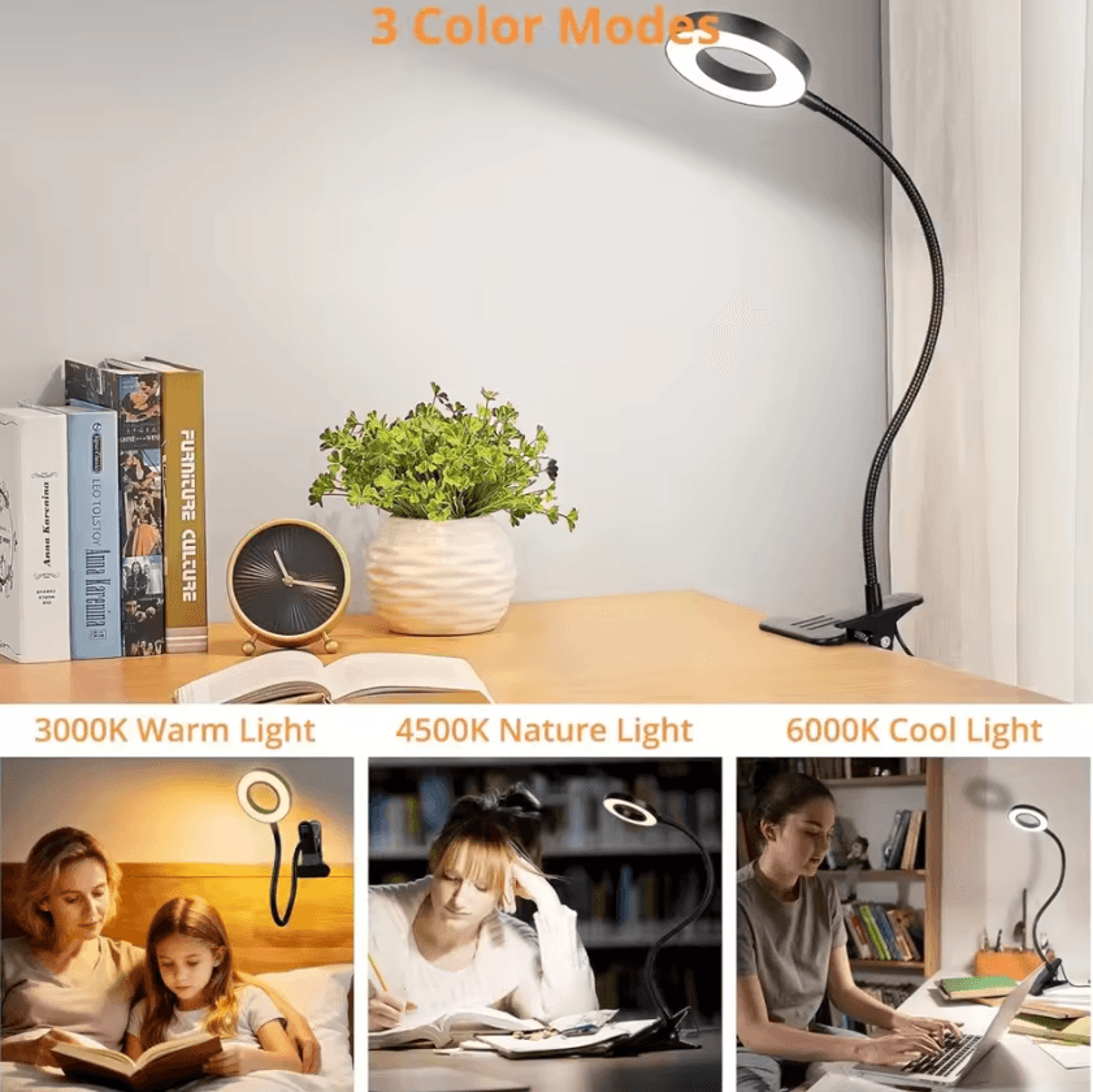 dimmable led clip on desk lamp - 3 color modes 10 brightness levels