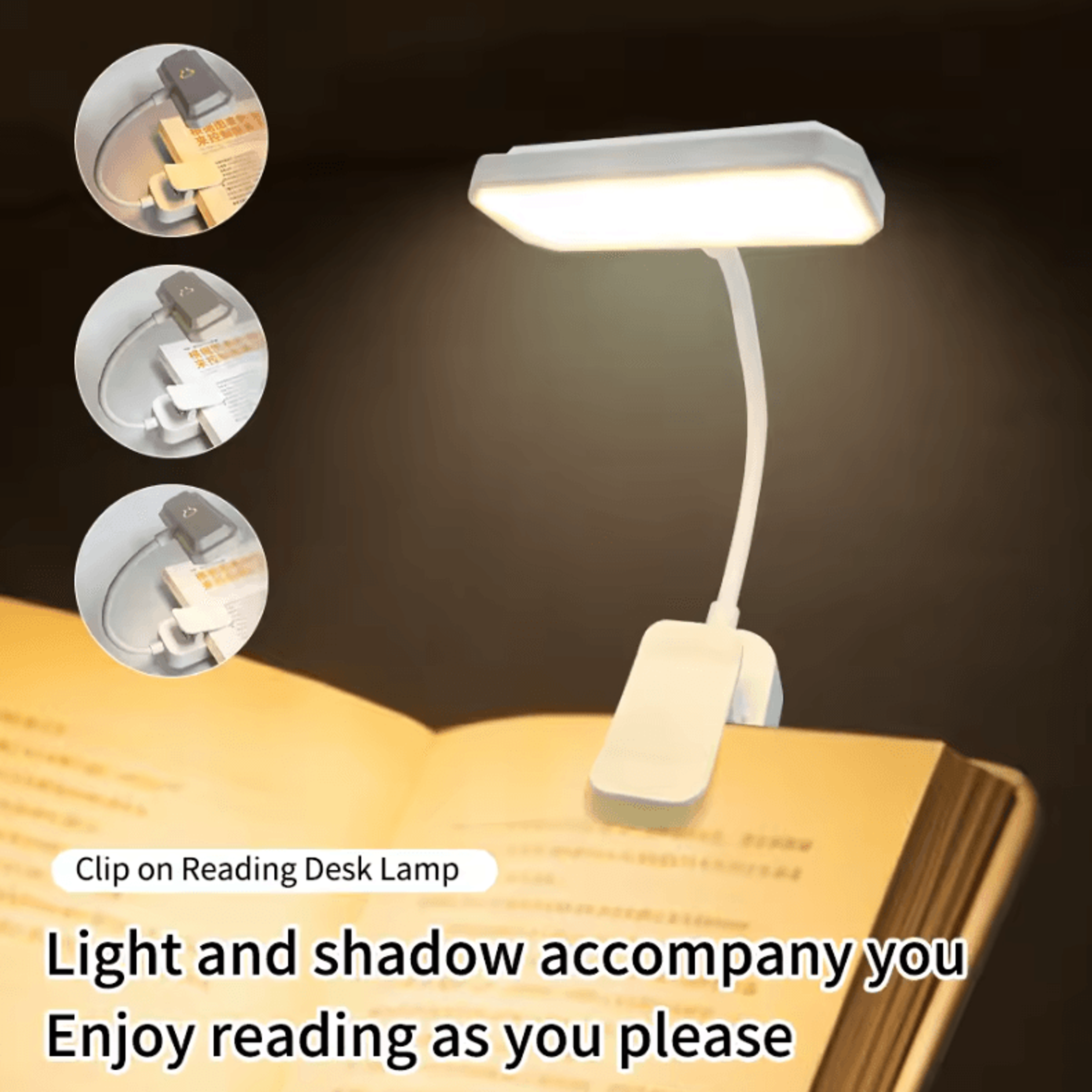type-c rechargeable led clip on desk lamp - 360 gooseneck dimmable reading light