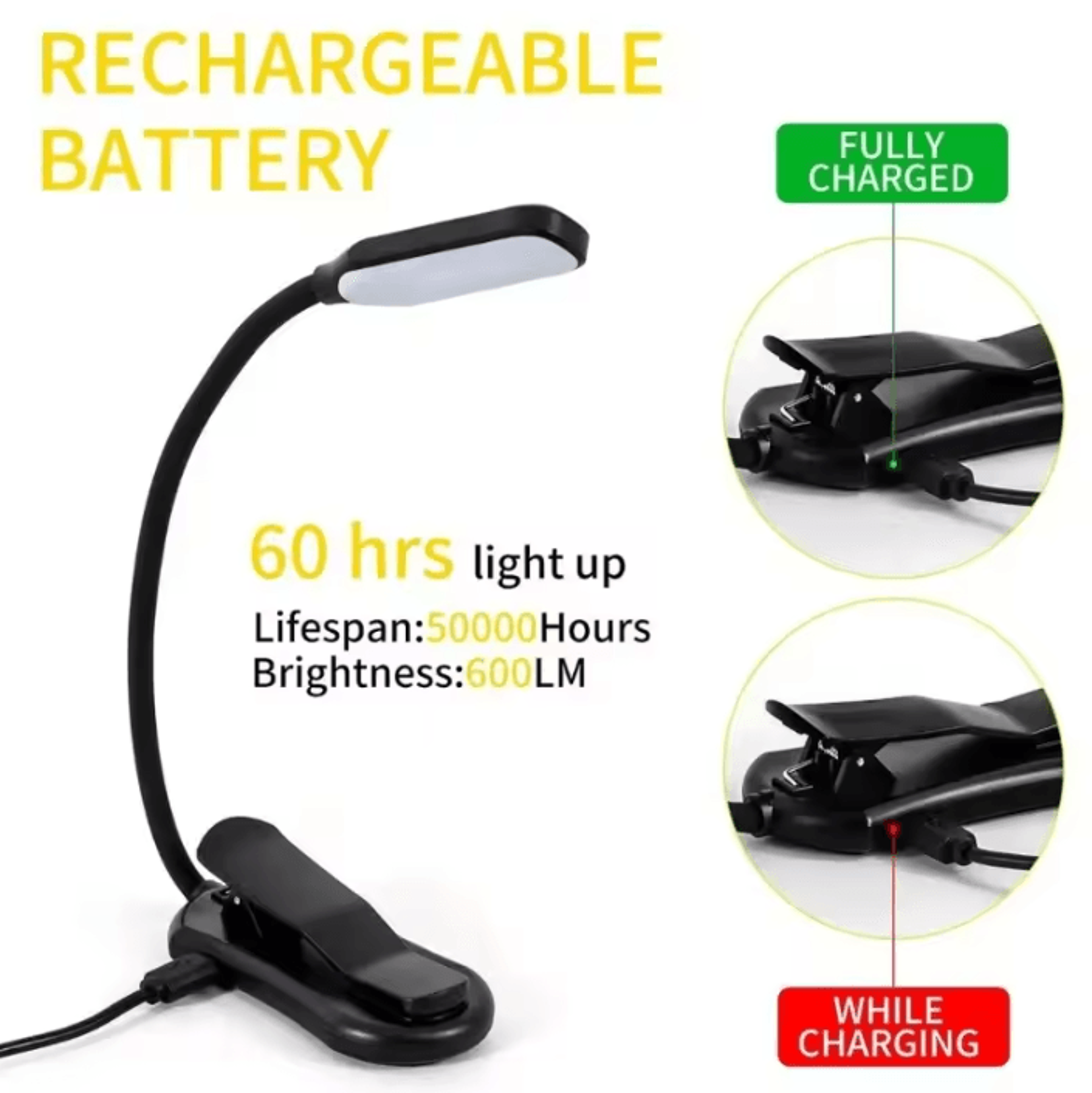 rechargeable gooseneck clip on book light - 3 mode portable reading lamp