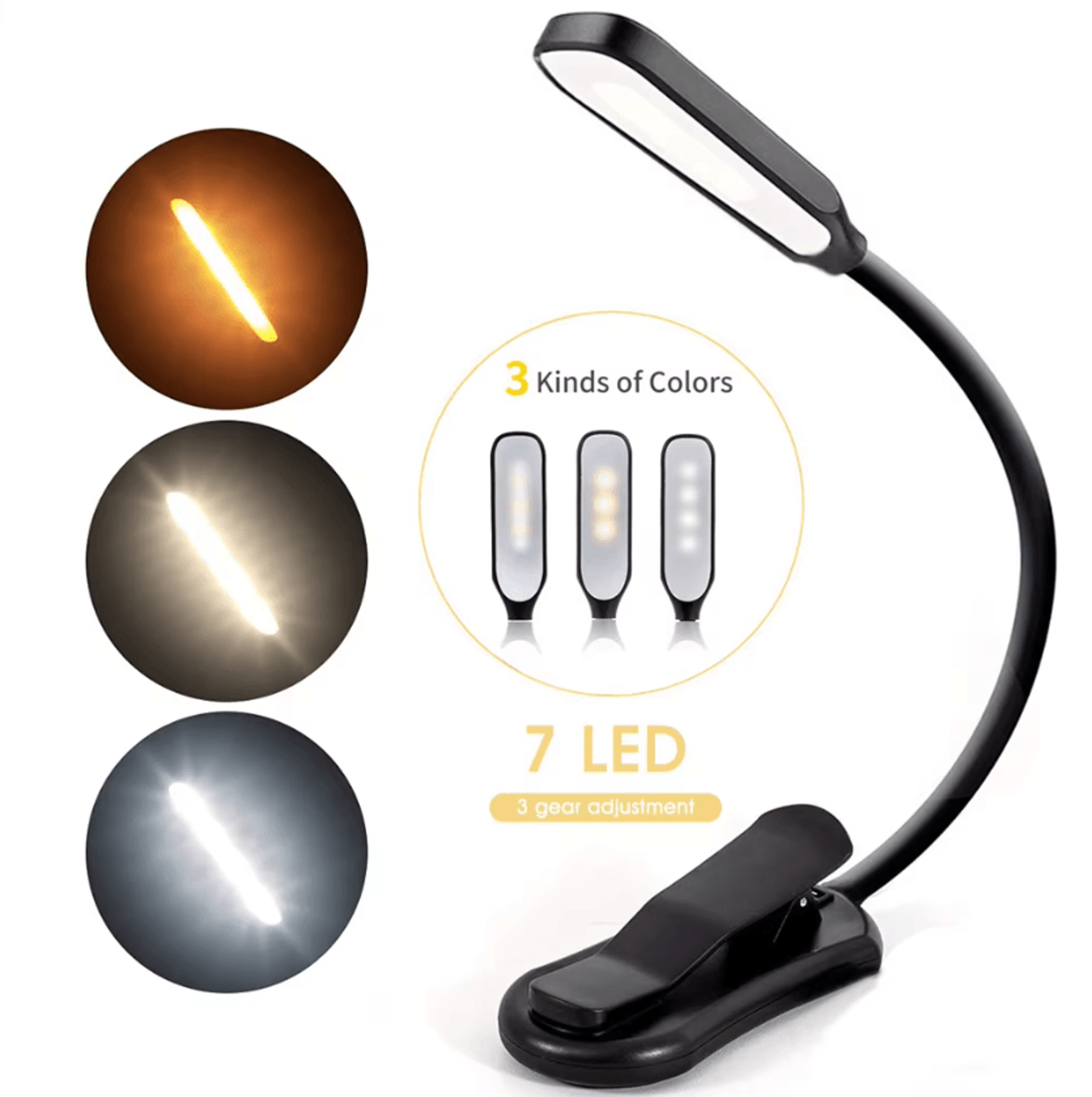 7 led rechargeable clip on book light - 3 color flexible reading lamp