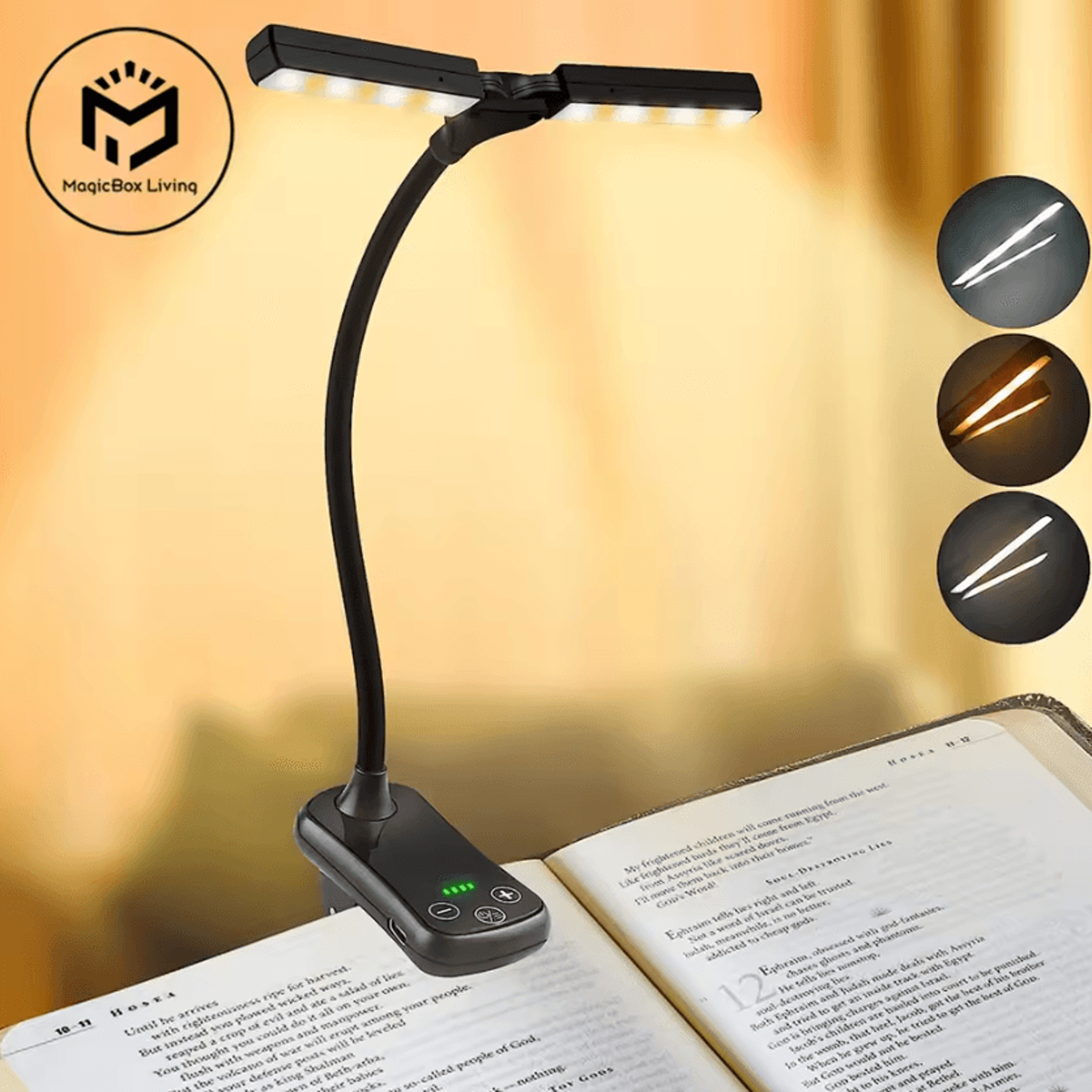 14 led rechargeable clip on book light - 3 colors 8 brightness levels