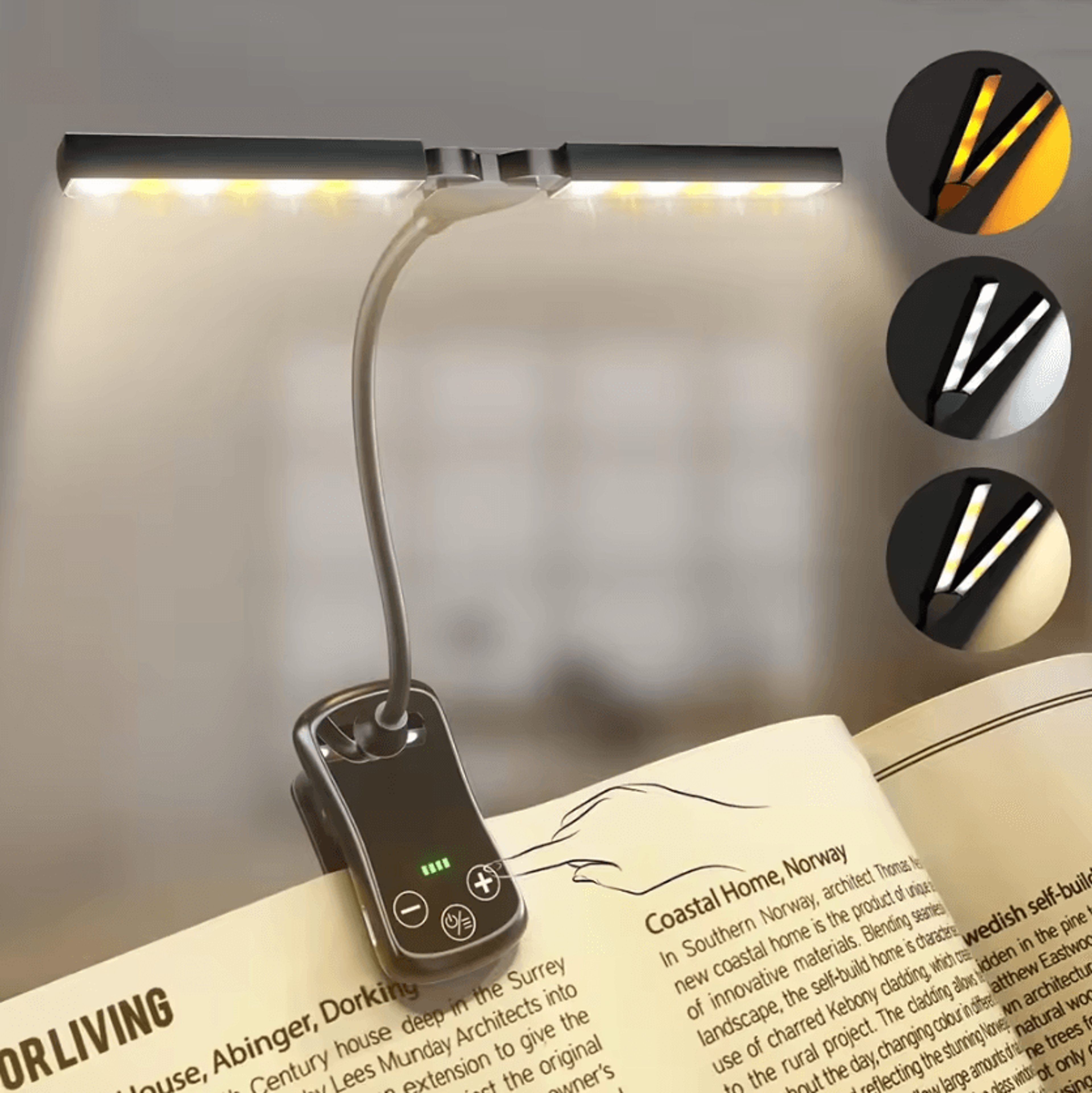 14 led dual head clip on book light - 3 color usb rechargeable reading lamp