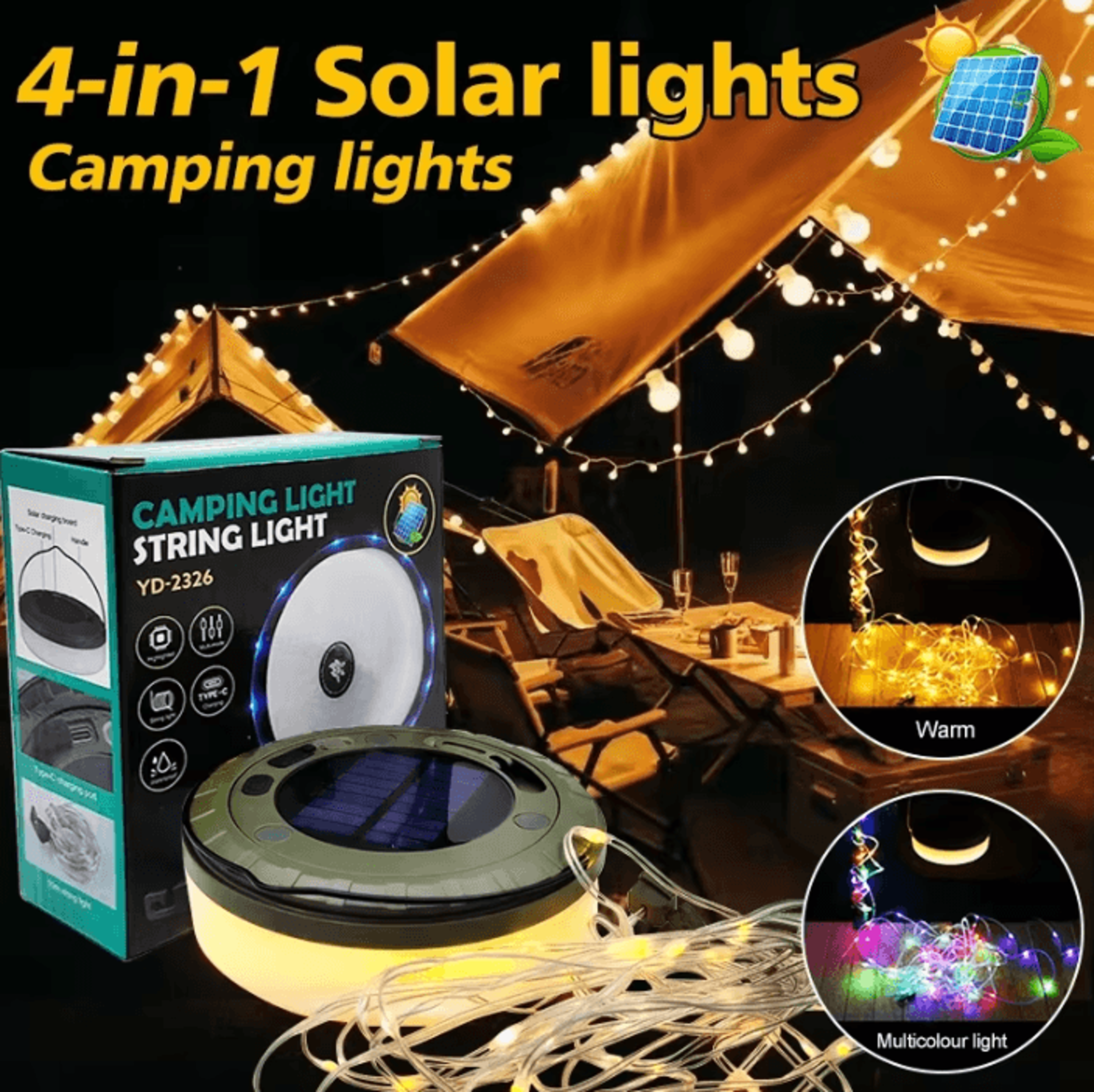 10m solar camping string light - rgb tent lantern with led flashlight