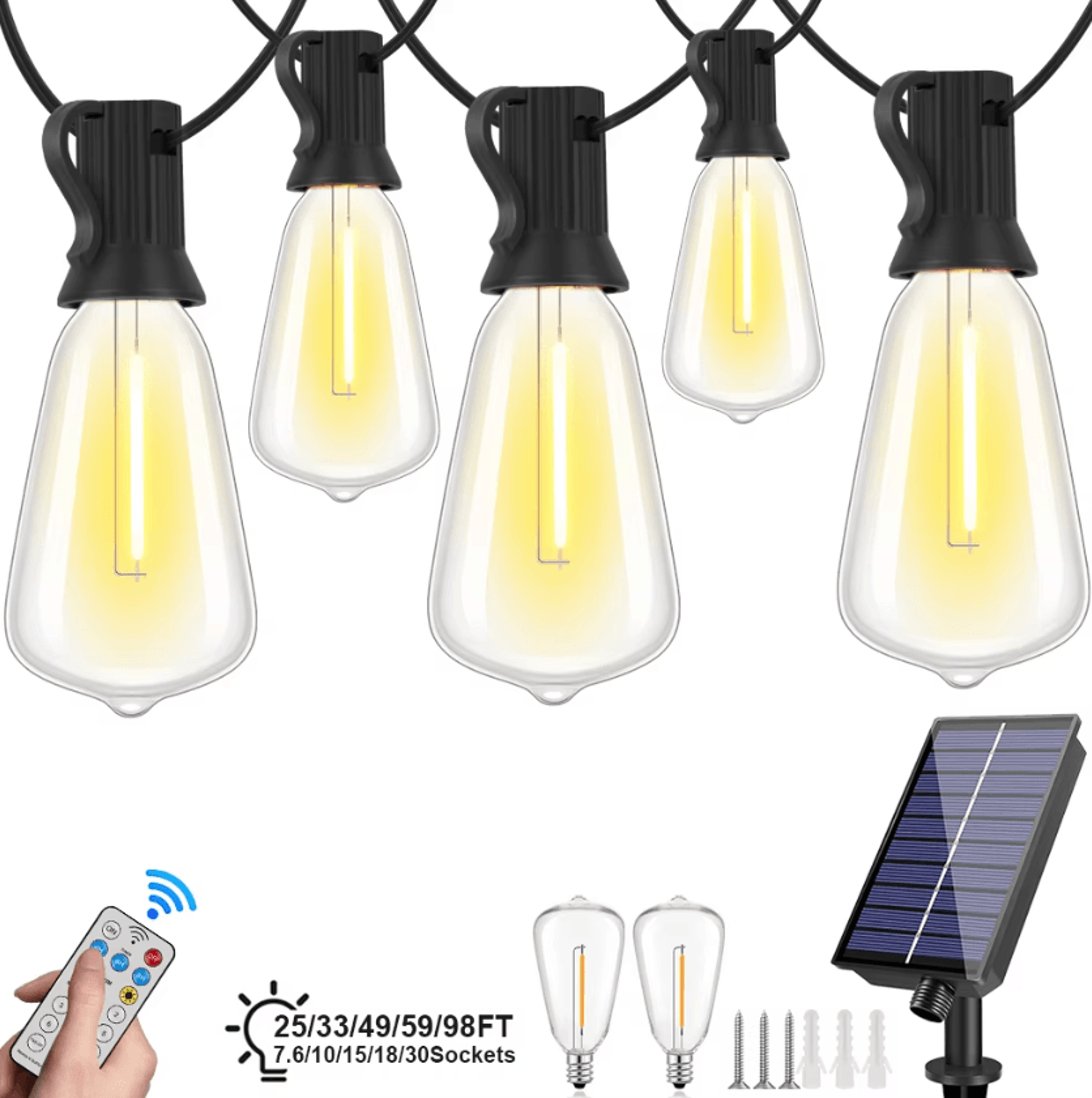 st38 solar bistro string lights - dimmable shatterproof outdoor lights with remote