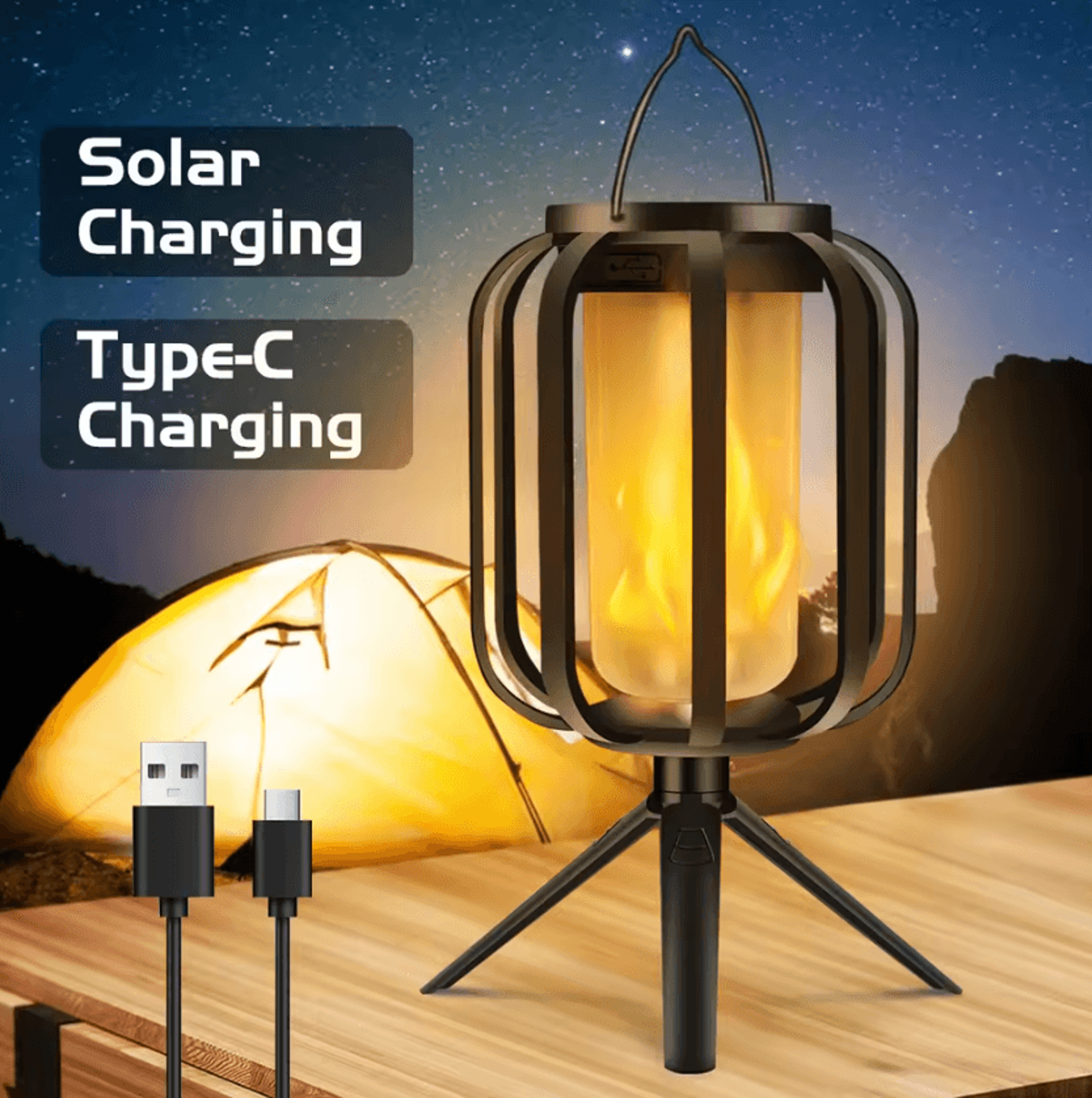 dual-charge solar flame lantern - ip65 outdoor hanging garden light