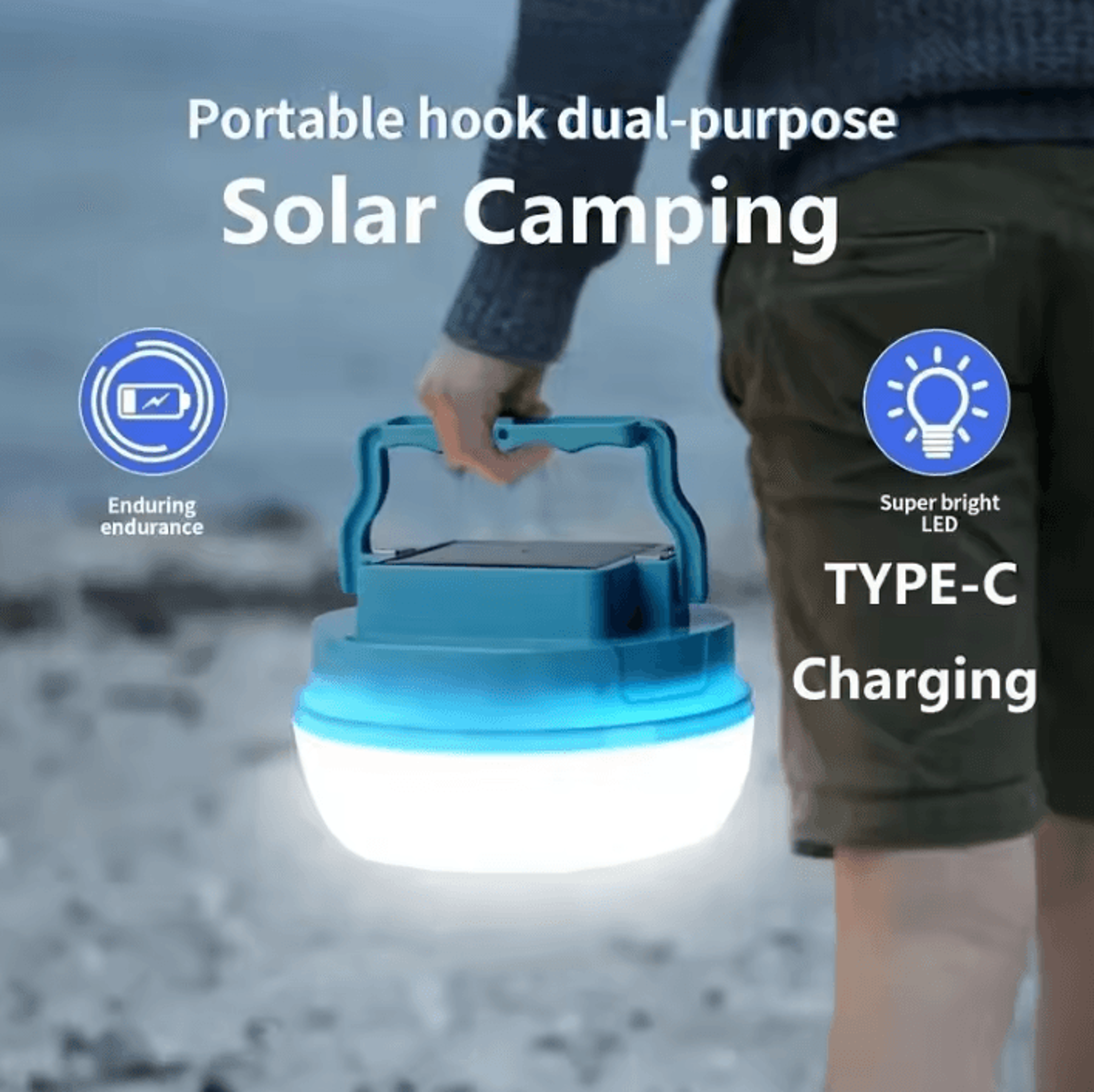 portable solar led camping light - magnetic base and quick hook lantern
