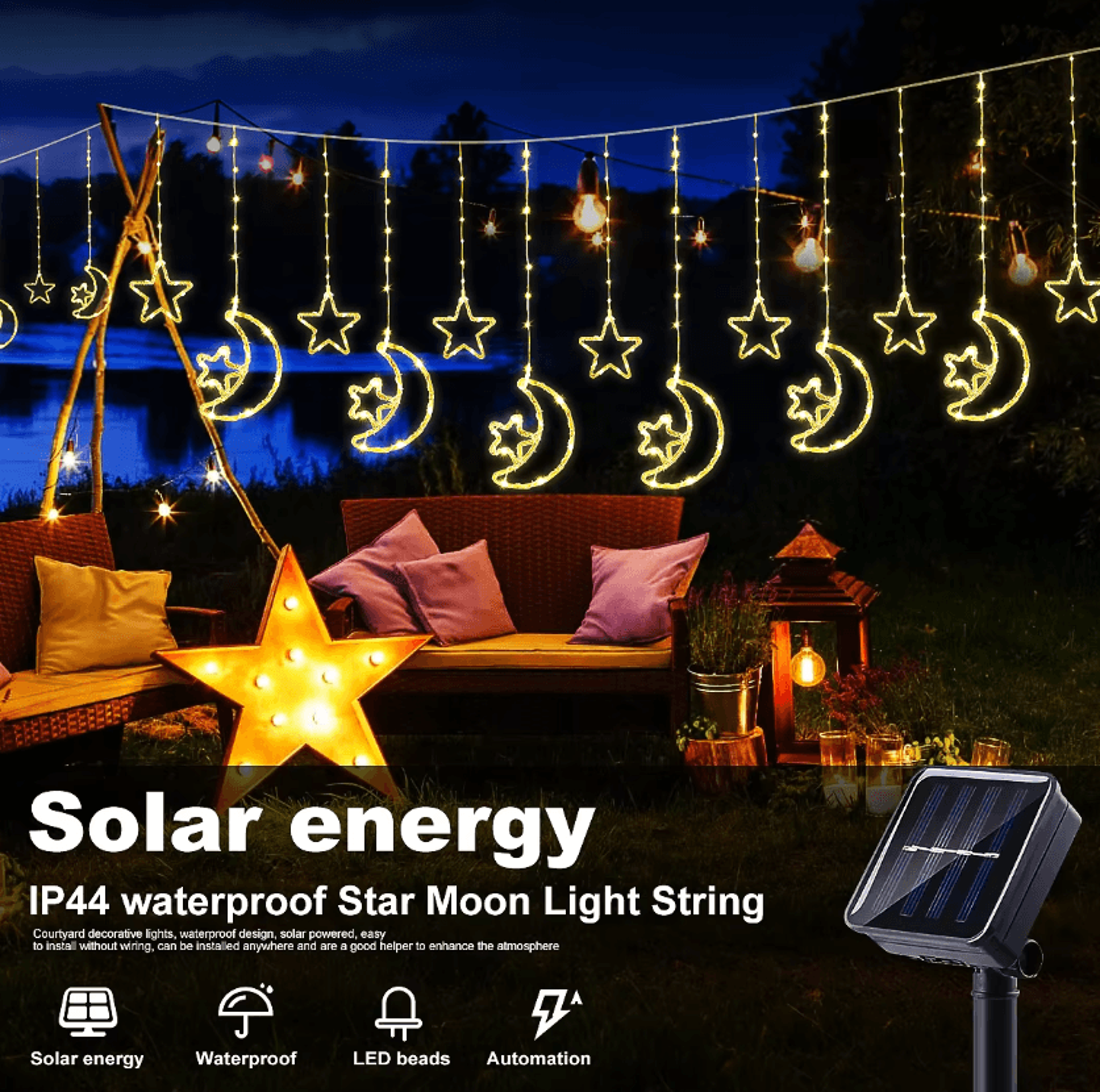 solar moon and star curtain lights - 8 mode waterproof outdoor decor