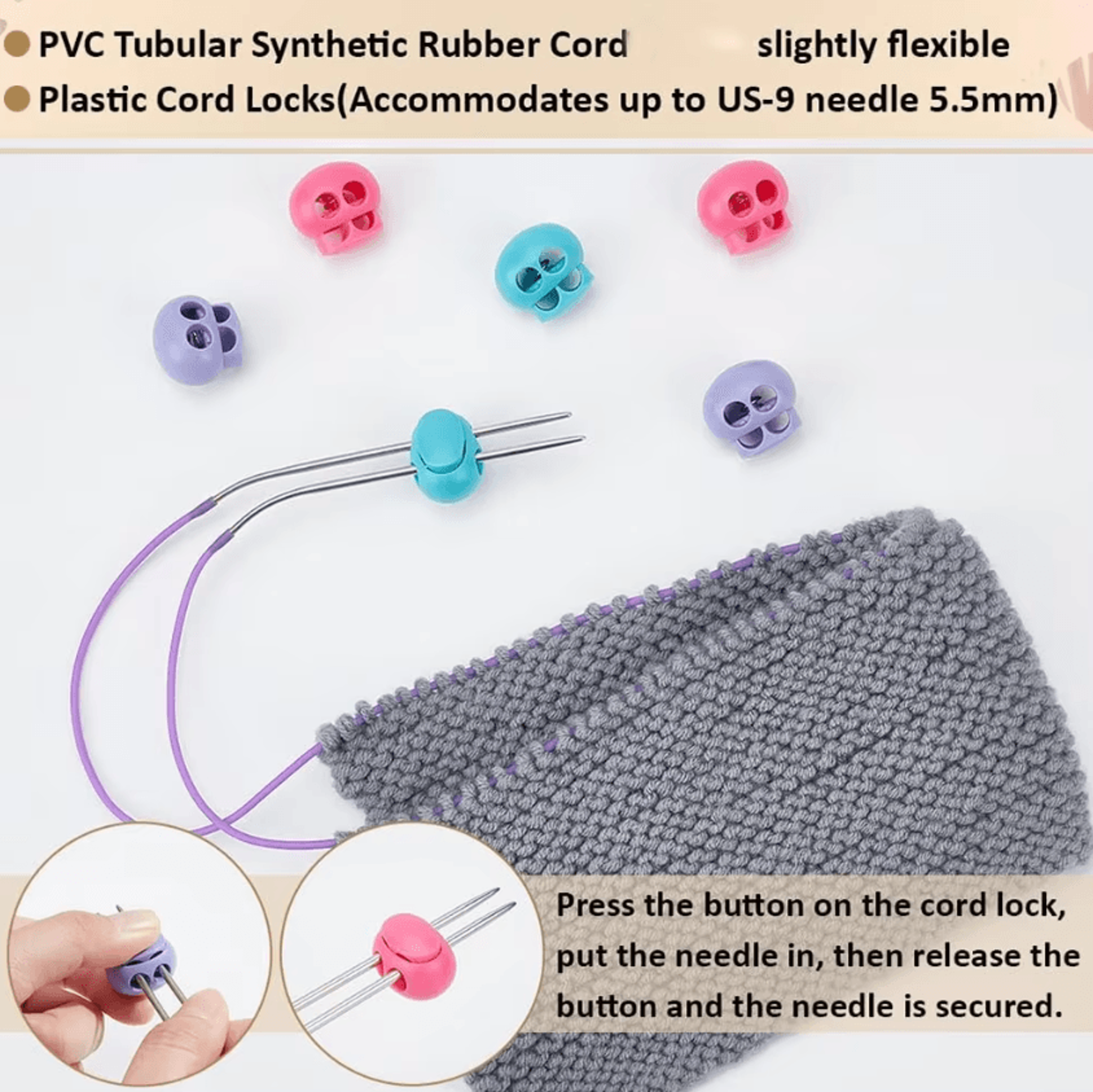 5m 2mm knitting stitch holder cord with needle stoppers