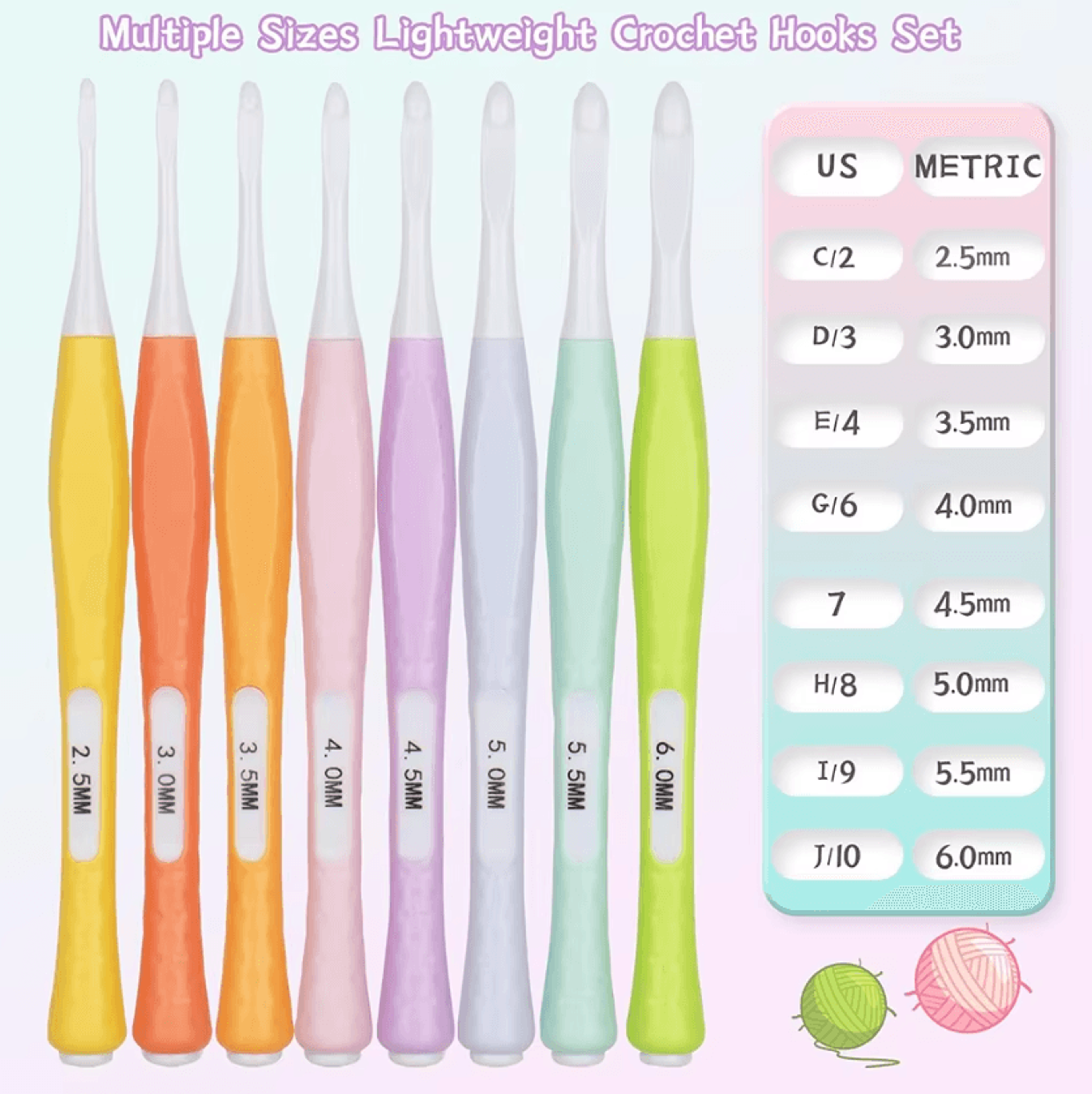 8-piece ergonomic inline crochet hook set 2.5mm-6mm