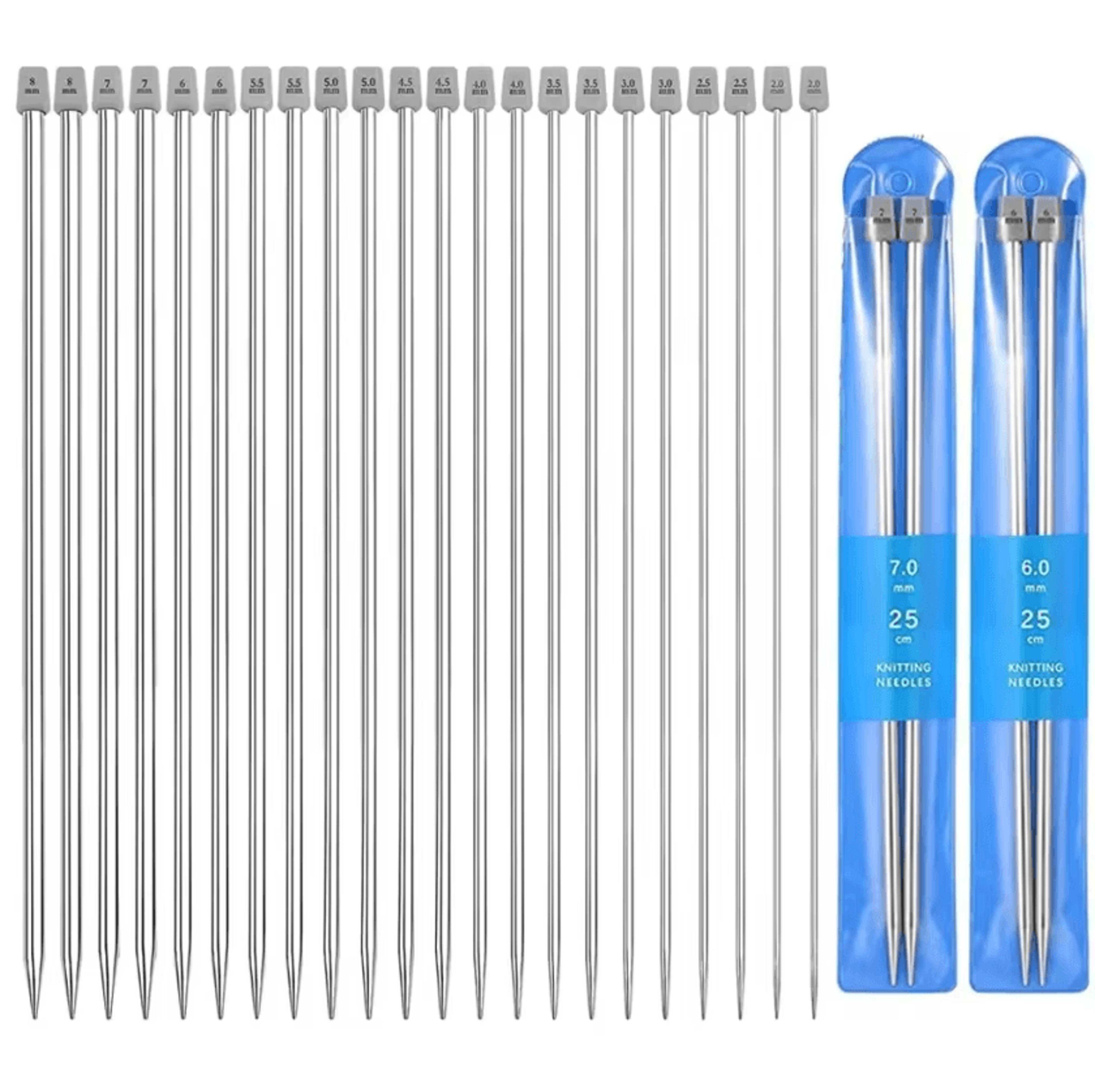 22-piece stainless steel knitting needle set - 2mm-8mm straight needles