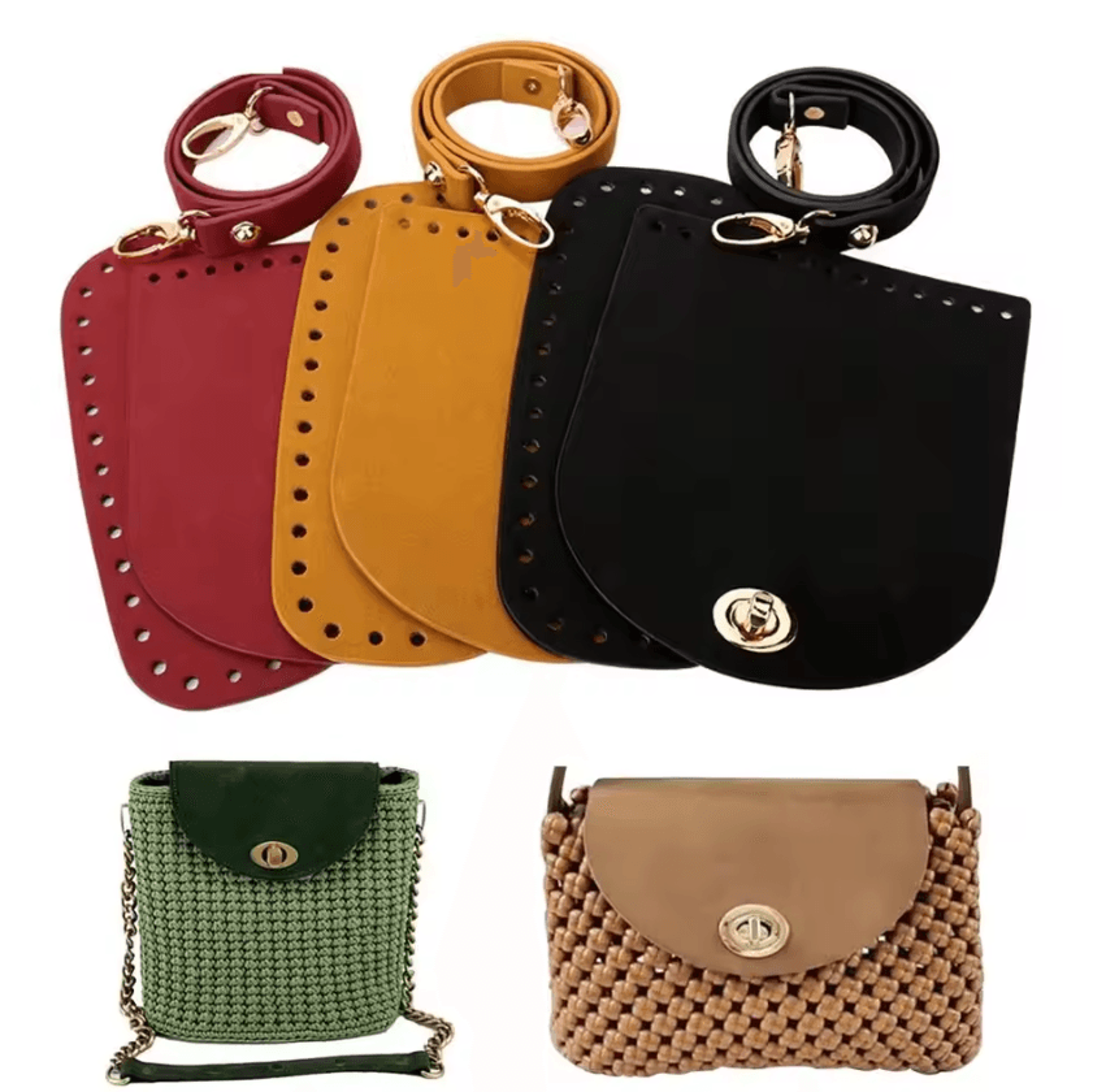3pcs woven faux leather crochet bag kit - bottom, flap and shoulder strap