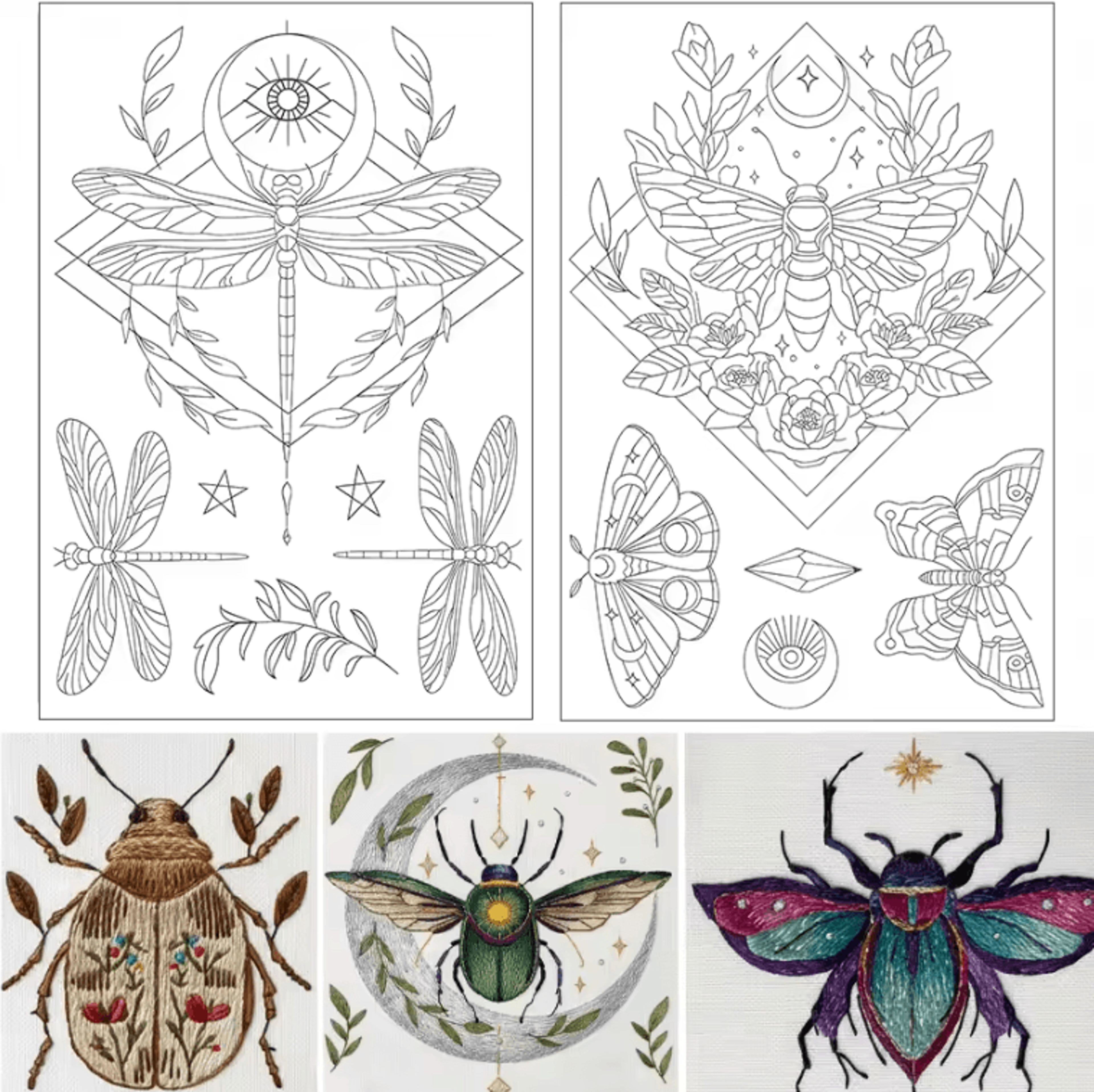 12pcs insect stick and stitch embroidery kit - water soluble patterns with metallic threads