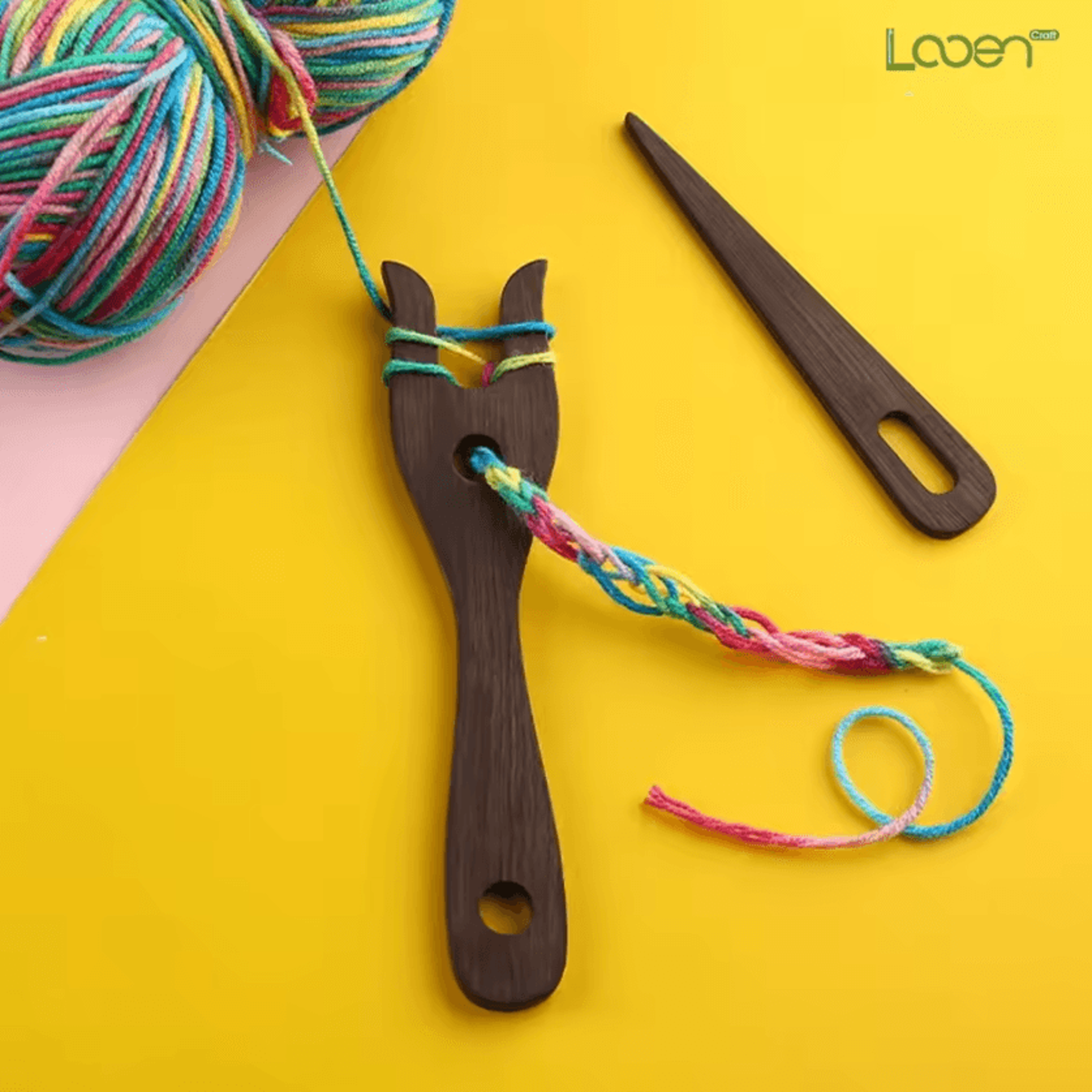 wooden knitting fork & big eye needle set for diy bracelet and cord weaving