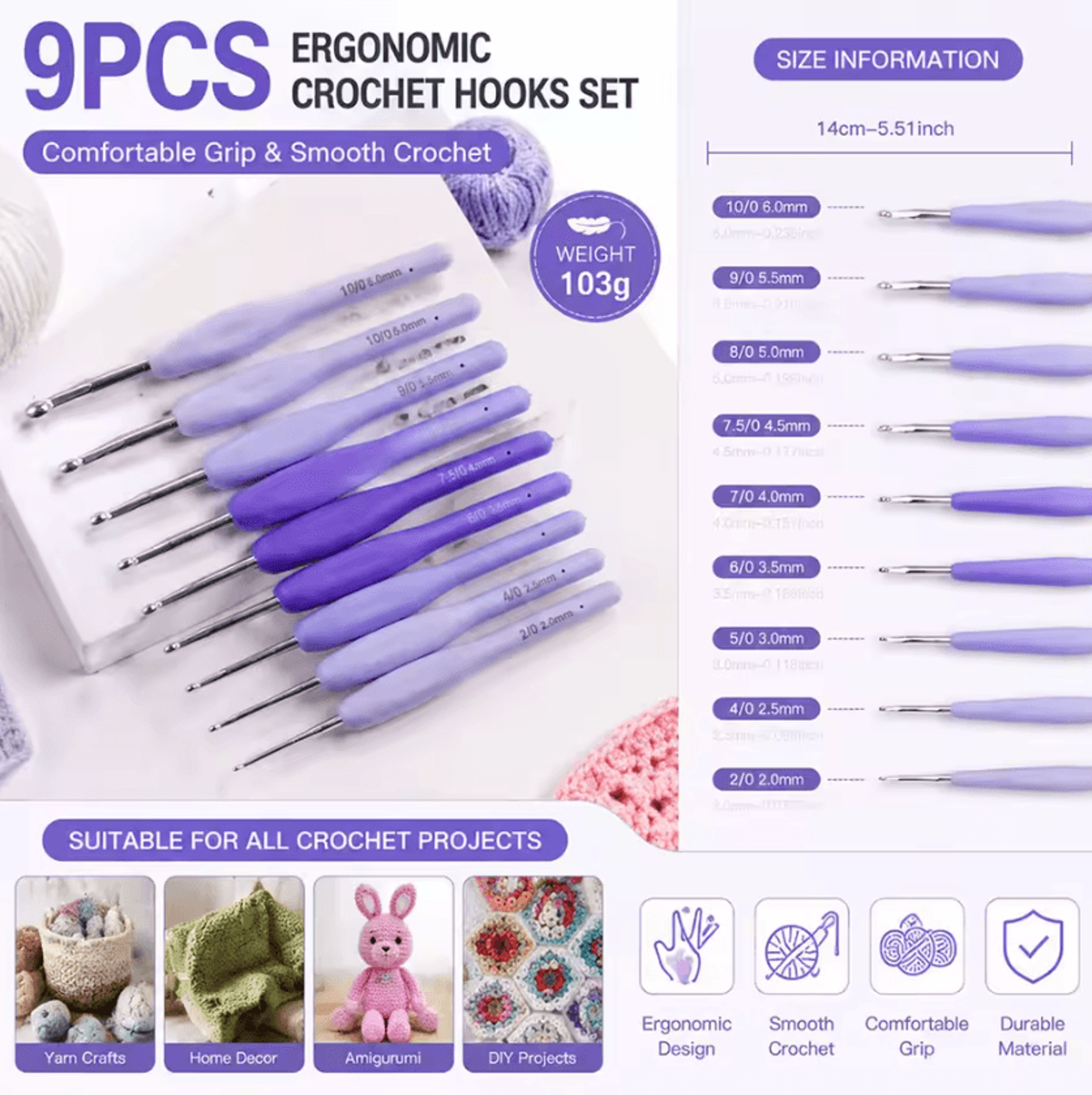 9-piece ergonomic crochet hook set with soft grip handles 2.0-6.0mm