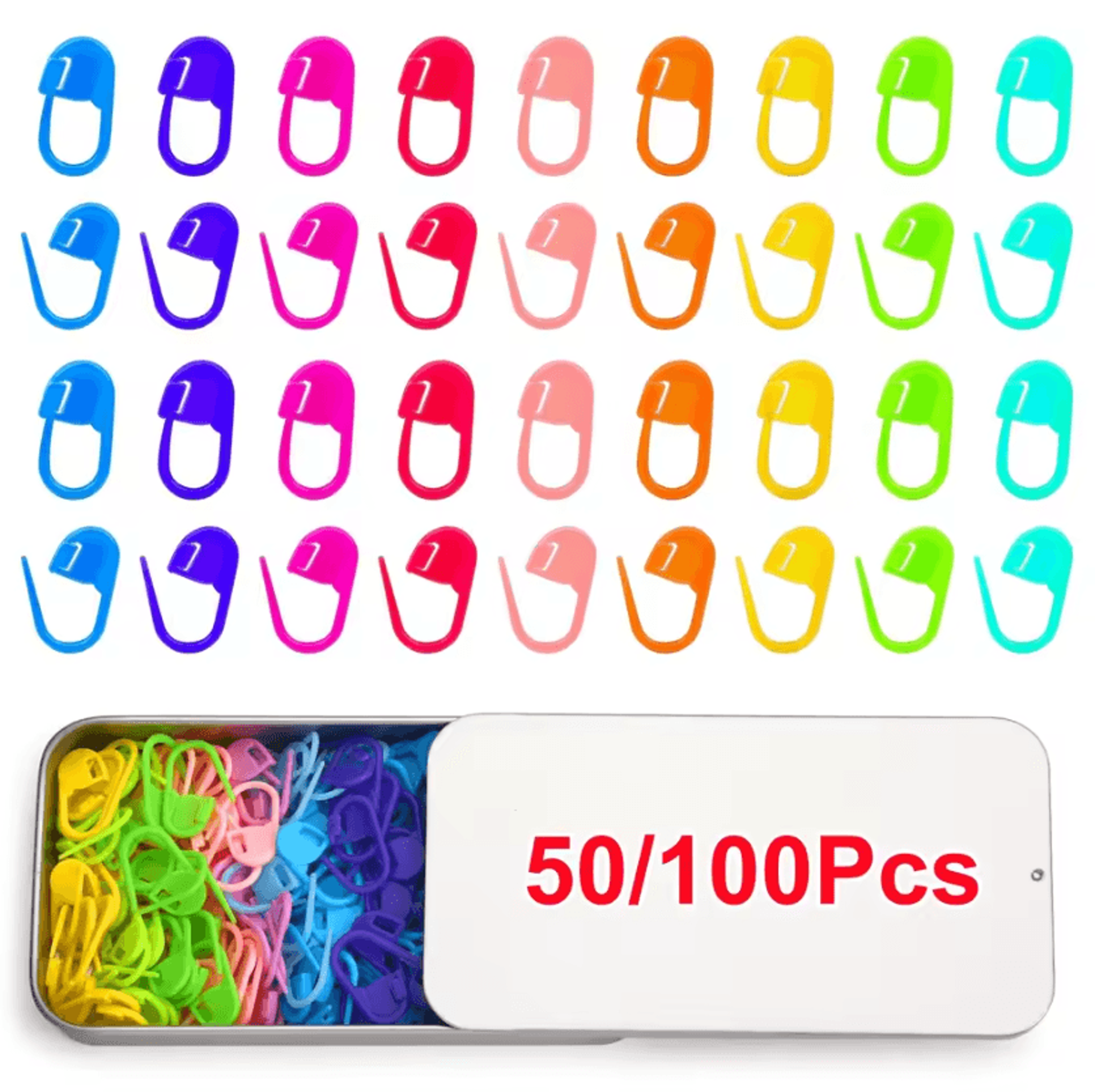 50/100-piece colorful locking stitch markers with metal storage box