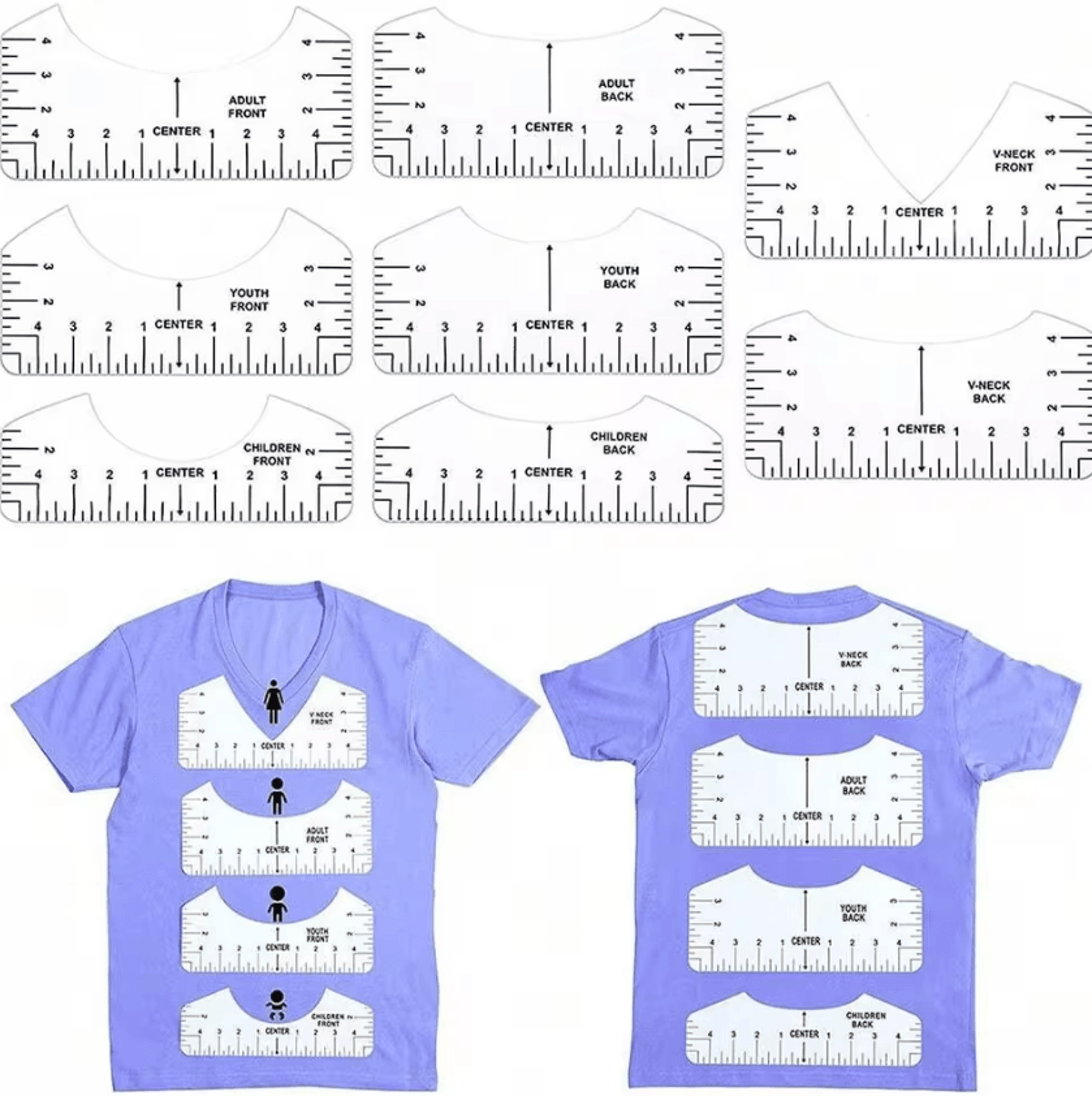 4/8-piece t-shirt alignment ruler set for htv, cricut & heat press