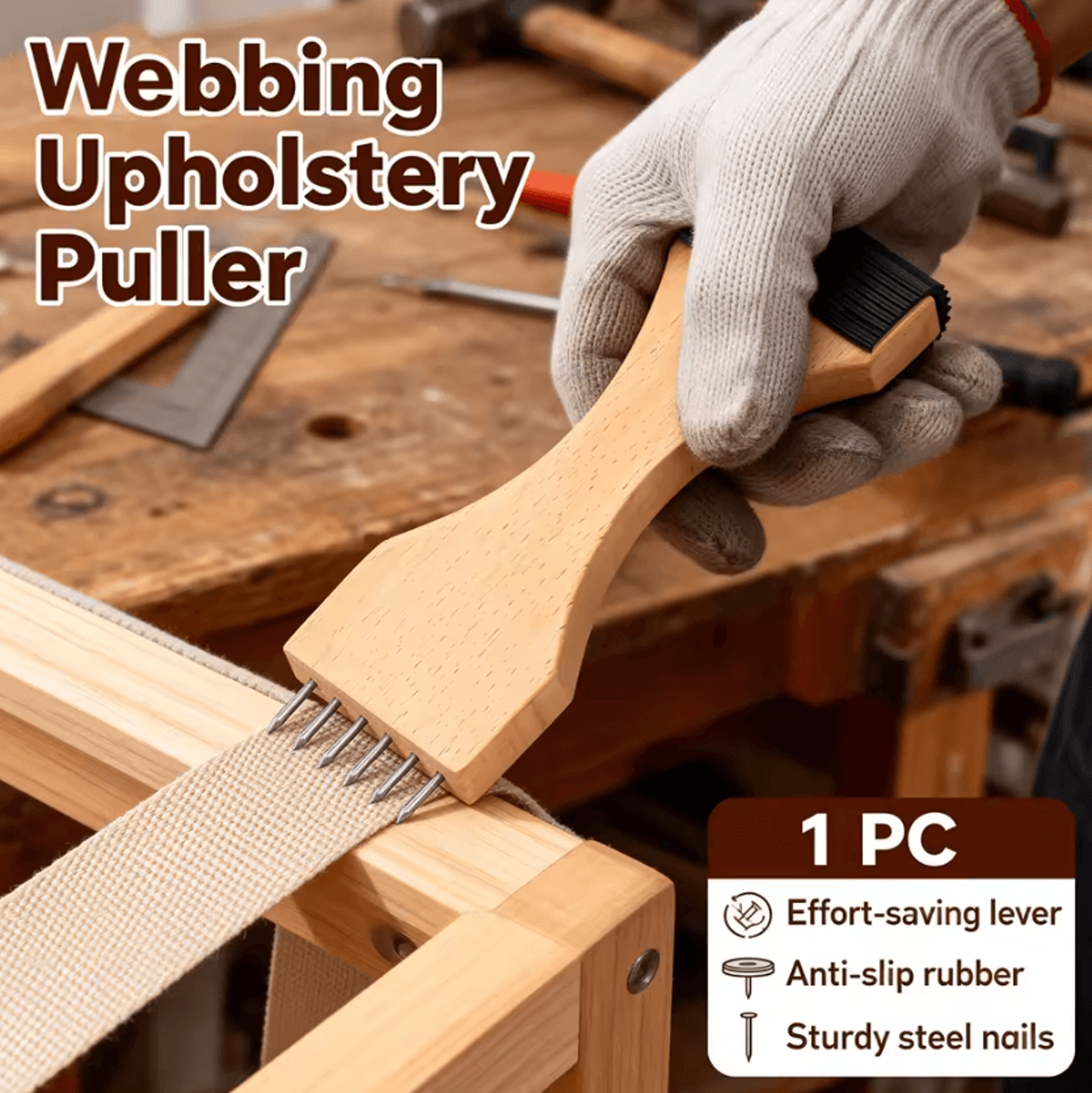 wooden 6-pin upholstery webbing stretcher & puller