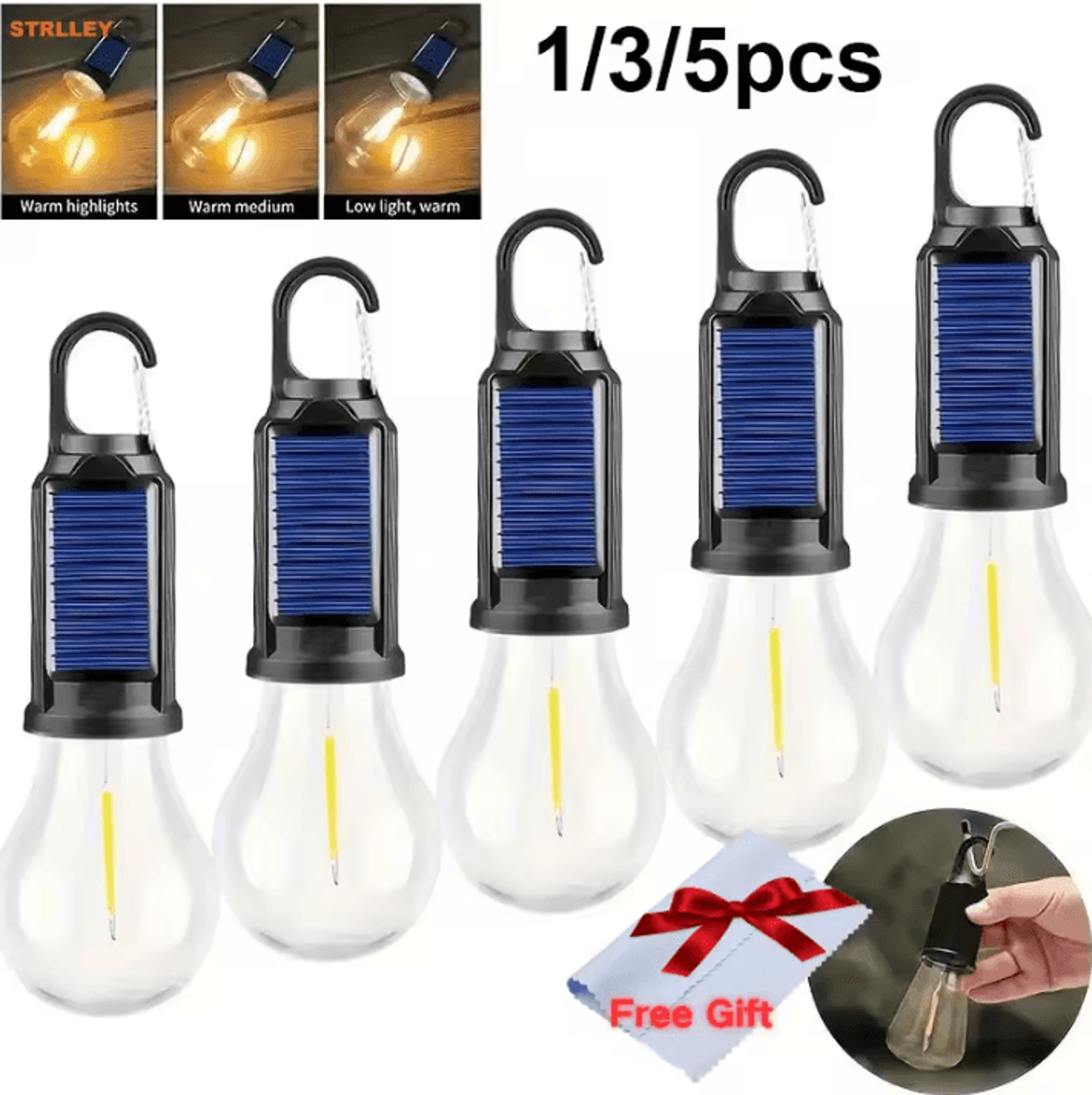solar led hanging camping light bulbs with 3 lighting modes